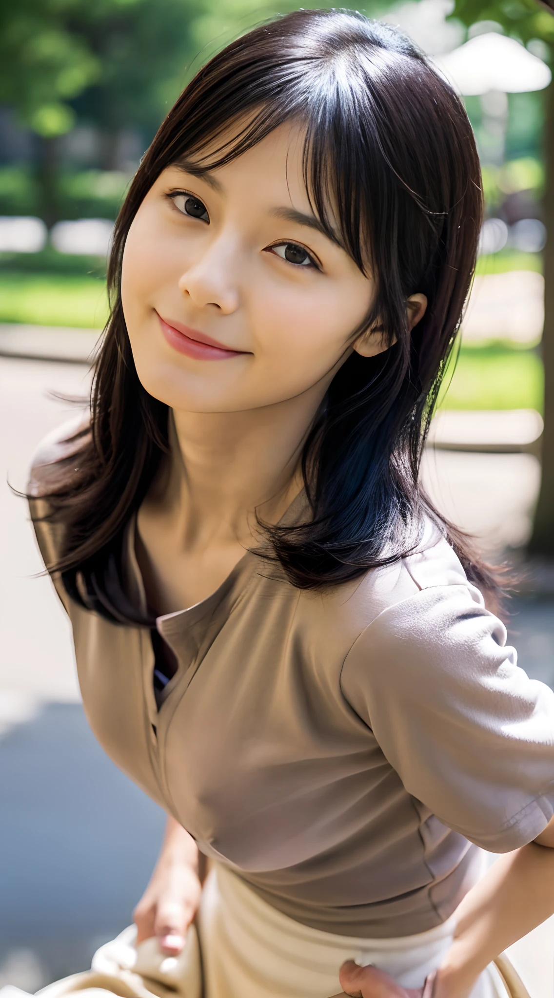 (japanes),(33yo), (Slender woman), (small tits),flat breast,(Slender eyes),((Narrow-eyed)),((Single eyelid)),(nerdy),(nerd),Long face,(Sober face),(Modest and inconspicuous face),(She is short in stature),(She wears almost no makeup),Natural makeup,thin lipss,Smiling,(The length of hair to the shoulders),Black hair,Bangs are as long as eyebrows, (The forehead is hidden by bangs),(She is in a well-lit park),(She has small breasts), (((She wears a big navy blue t-shirt))), ((She wears a long skirt in beige)), (Photorealistic), (Ray tracing), (Sharp Focus), 鎖骨, (Detailed face), natural and realistic skin textures, Soft face, (((Cameltoe))),((perfect anatomia:1.4))