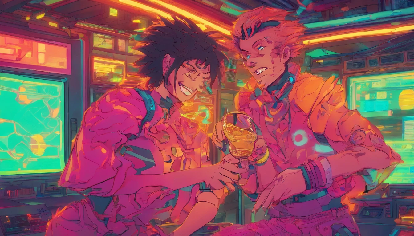Drunken sharks dancing with smiles on their faces,The man drinks with a wine glass in his hand,There is a blush on the face,mechanized,Cyberpunk Style,Fine details. anime big breast. Anime epic artwork, dreamy psychedelic anime, colorful concept art, emotional concept art, Beeple e James Jean, anime visuals, artgem and beeple masterpiece, Anime art wallpaper 4 K