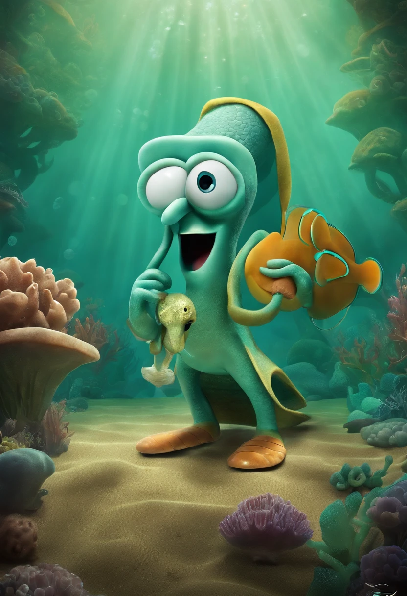 movie Squidward from spongebob, style movies Pixar, with name "Squidward", poster, with credits