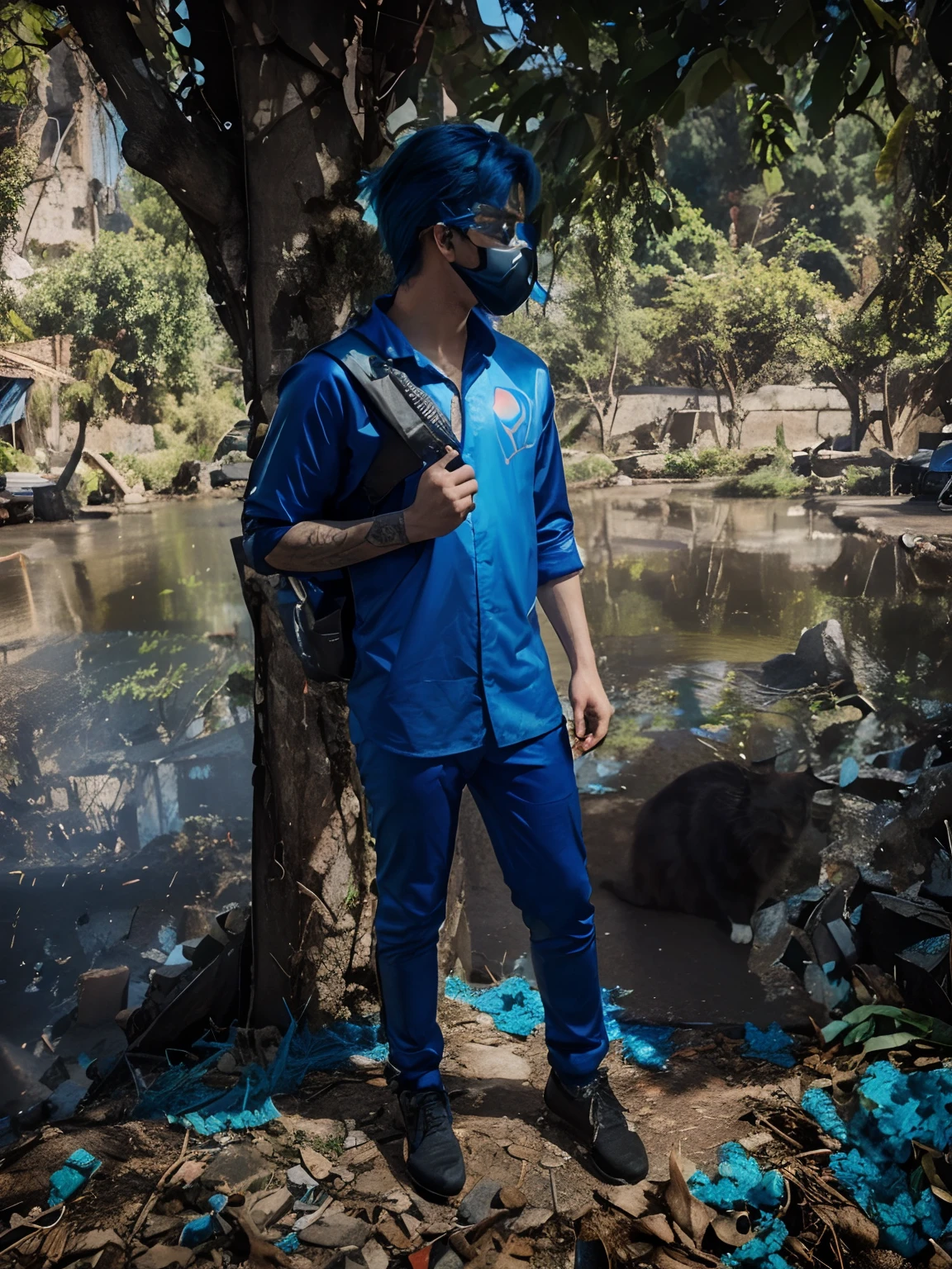 Change background cyberpunk handsome boy with cat, realistic face, 8k, ultra realistic, blue colour hair.