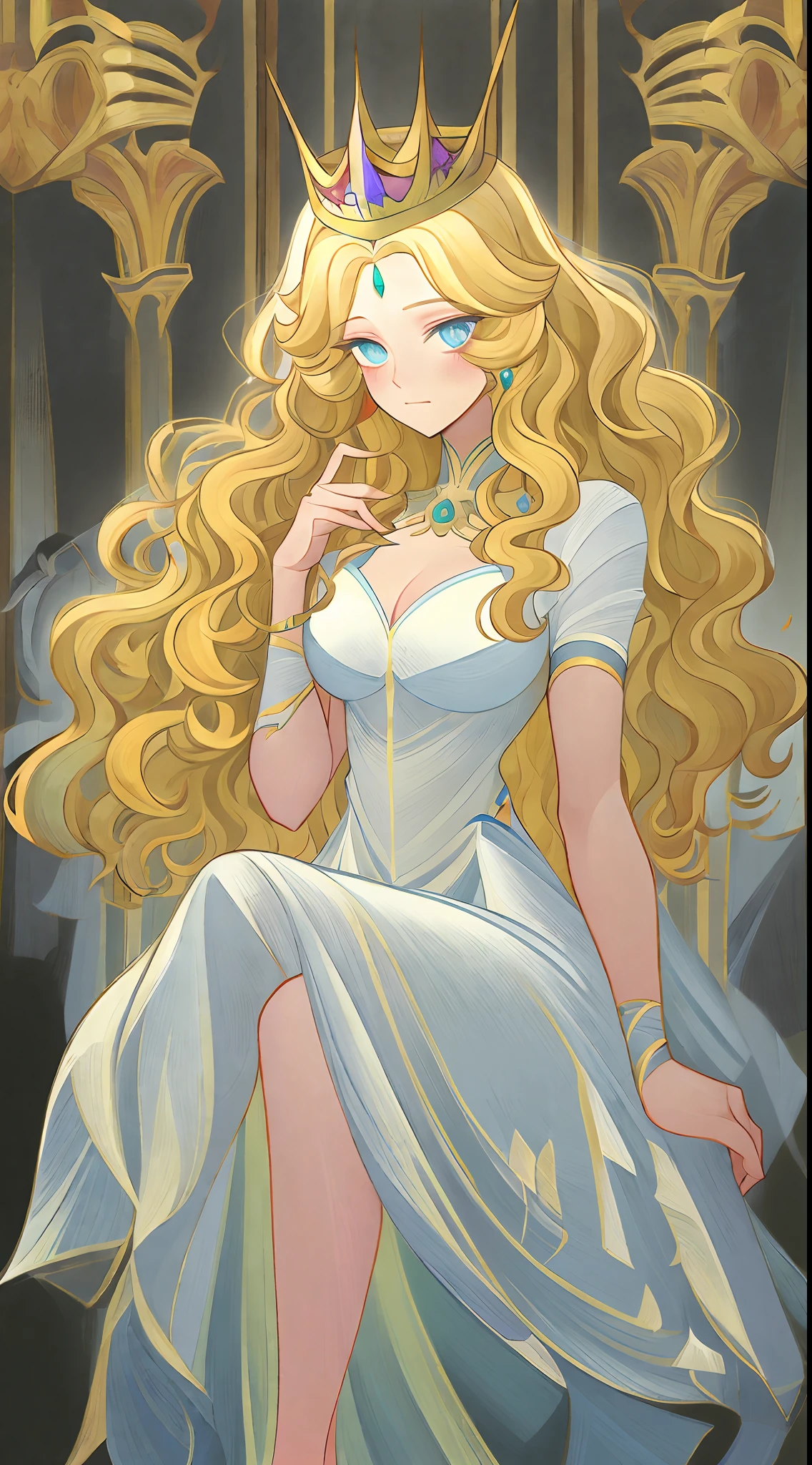 1 Princess，full bodyesbian，Thick blonde curls，(Gorgeous white dress、tiara crown、jewelry)，pretty eyes，Blush，pastelcolor，tmasterpiece，Best quality，Simple line design