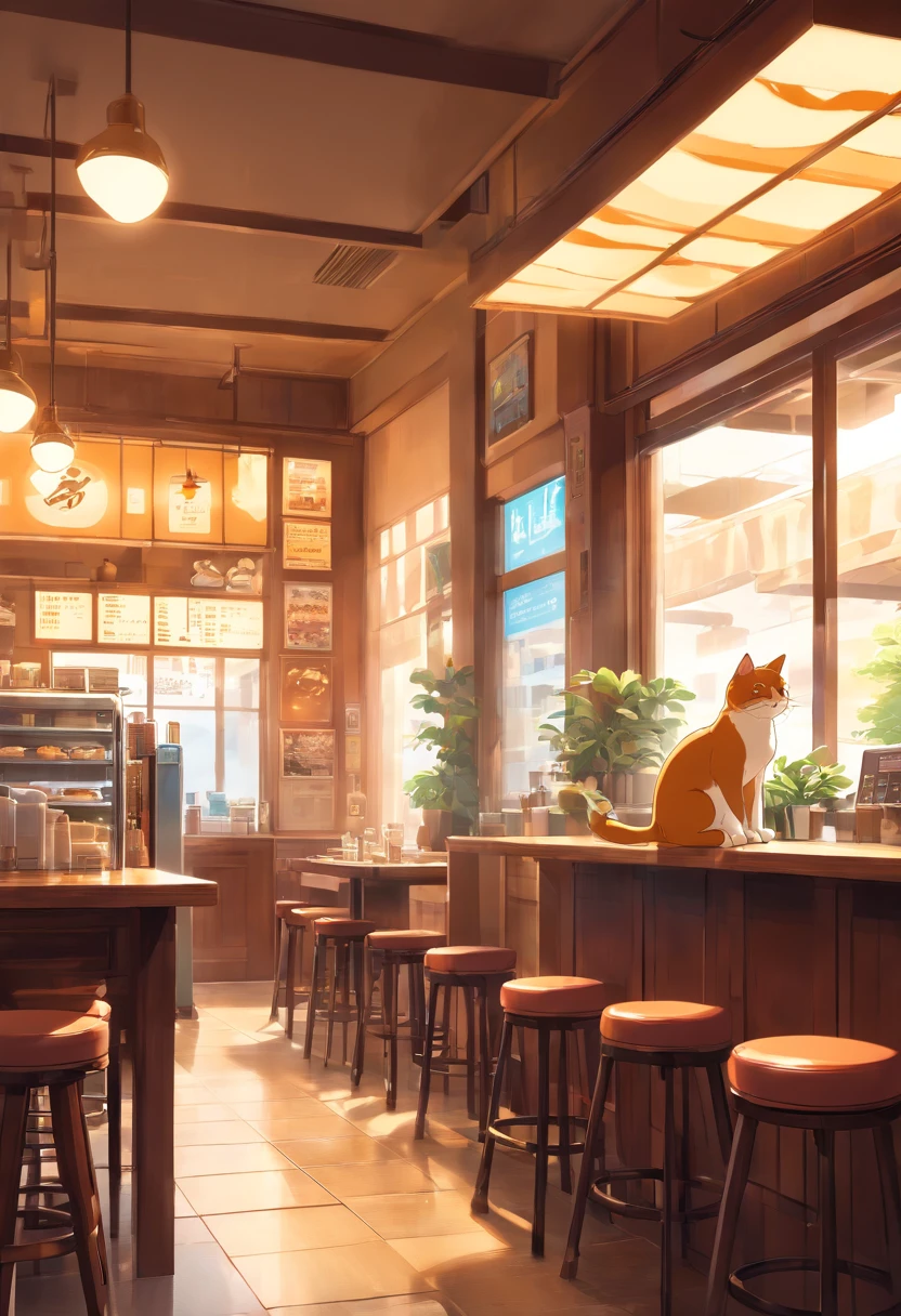Inside a quaint café, Medium: ultra hi definition photo, Style: Similar to a scene from a Hayao Miyazaki movie. In the heart of the shop, The manager of a humanoid cat is holding at the counter, Oversee the day's operations. Lighting: Ambient, The sun's rays coming through the window, Illuminate dust particles in the air. Colors: Rich Mahogany, Creamy beige, and subtle amber highlights. Composition: Nikon D850 DSLR, Nikkor 35mm f/1.4 lens, Resolution 45.7 megapixels, ISO sensit: 64, Shutter Speed 1/100 sec, A wide-angle shot of the entire café interior, Focusing on the expressive face of a cat. --ar 16:9 - V5.1 --Style raw --Q 2 --S 750
