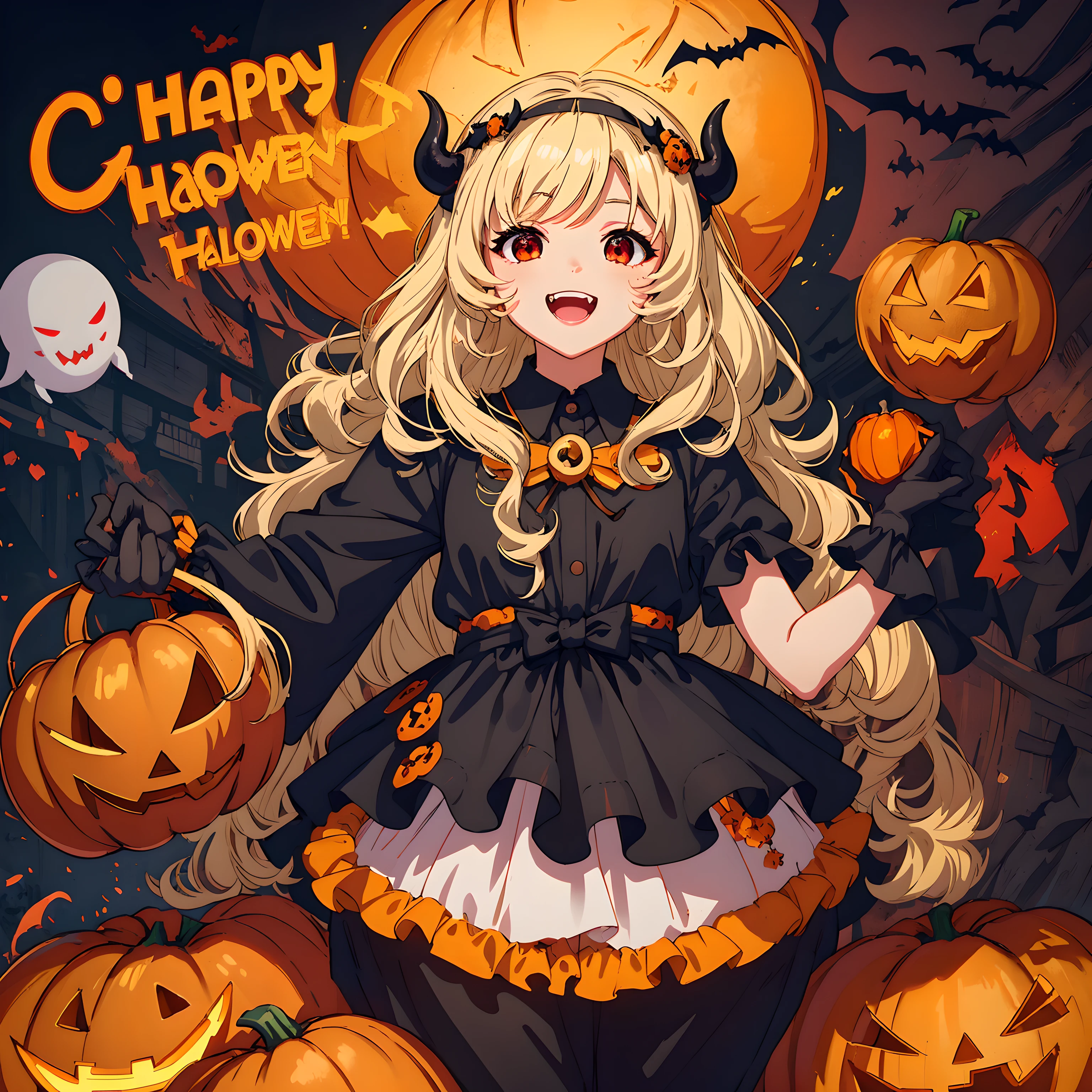 Devil, black devil, cute devil, anime illustration, ultra detailed, hyper sharp image, fangs. blonde wavy curly long hair, wearing rubber costume, halloween festival, jack o'lantern, ghost, happy smile, cute smile, red eyes, dark skin, eating pumpkin, chibi emote,