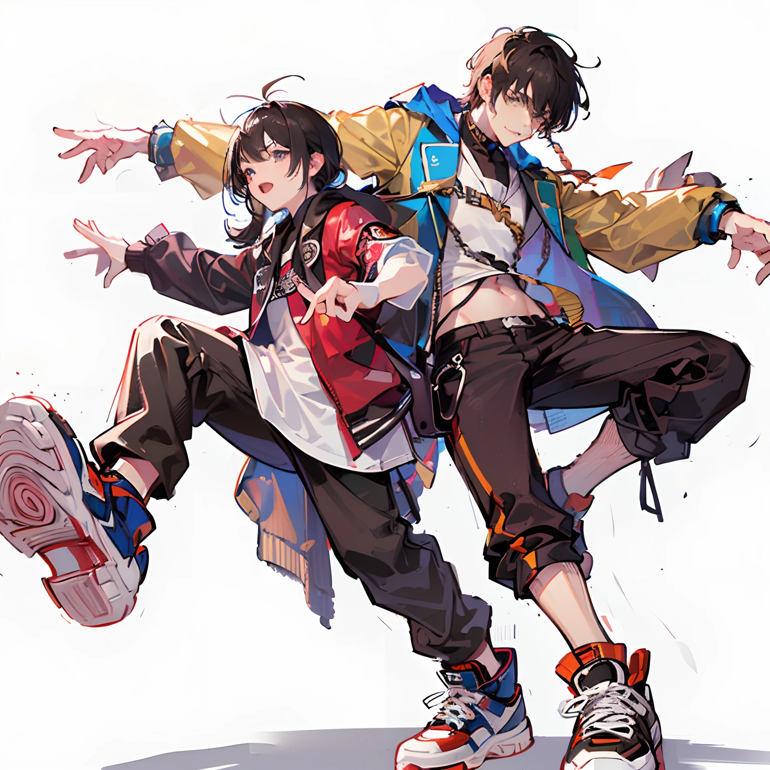 (((masutepiece: 1.5, Best Quality, High resolution: 1.3, Super Resolution, Super Detail, Super Detail: 1.3, Rich background: 1.2))), Two men who are good friends are doing hip hop dance。street。punk fashion。