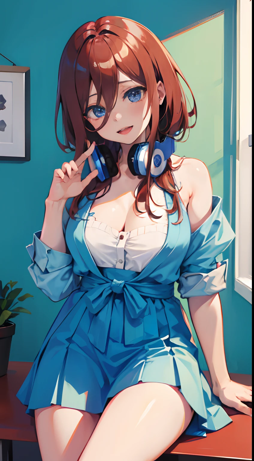 (masterpiece, high quality, high res), Nakano Miku (quintessential quintuplets), brown hair,  headphones, sitting on bed, mini skirt, stockings, spreading legs, unbuttoned shirt, slightly visible cleavage, slight smile, blush, mature look, anime version, extremely detailed, UHD, 4k, 8k, award-winning, sharp focus, anime version, detailed face