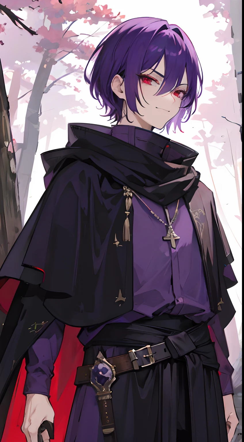 A man, solo, forest background, cloak, sword in waist, purple hair, red eyes, badass, smirk