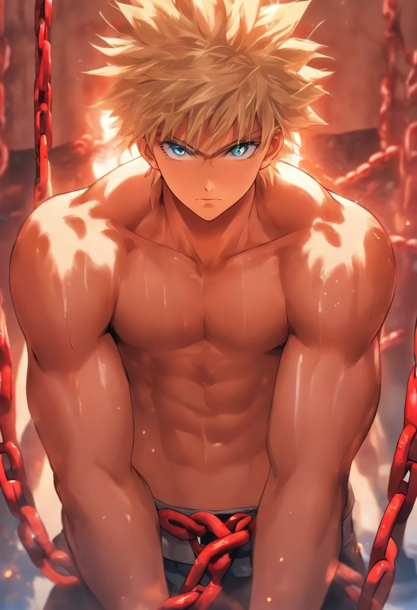 one boy,cool boy, young boy,male body,macho, blond hair,blue eyes, red jockstrap,topless, sweat steam, embarrassed,blush,parted lips, kneeling,arms behind head, full body, bondage,bdsm, collar,rope,chain, crowed stage,stage.Exposed , curved (erect, leaking), white