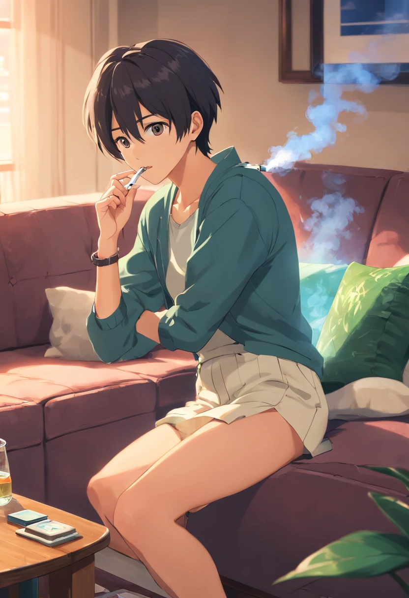 (Best quality,4K,8K,A high resolution,Masterpiece:1.2),Ultra-detailed,(Realistic,Photorealistic,photo-realistic:1.37), guy setting on couch smoking a bong in a small dirty apartment