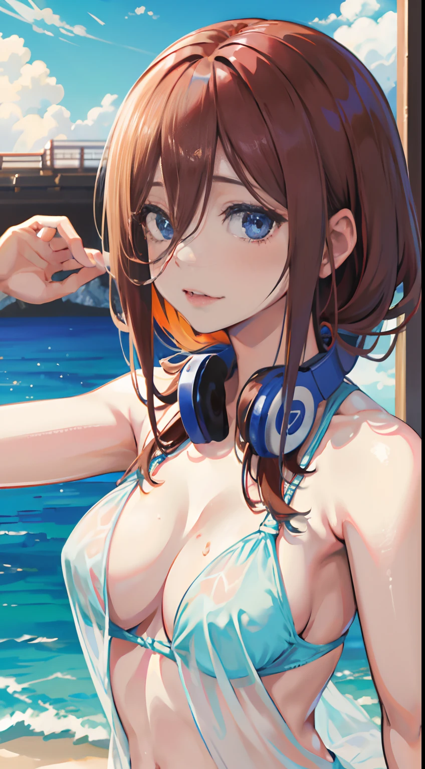 (masterpiece, high quality, high res), Nakano Miku (quintessential quintuplets), brown hair, ponytail, bangs, headphones, soaked wet long tshirt, see-through bra, bottomless, no panties, on beach, sunny day, sand, ocean view, mature look, anime version, extremely detailed, UHD, 4k, 8k, award-winning, sharp focus, anime version, detailed face