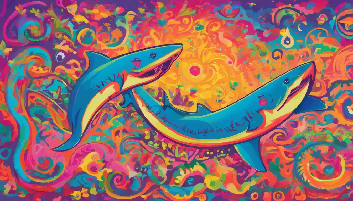 Drunken sharks dancing with smiles on their faces，The man drinks with a wine glass in his hand，There is a blush on the face