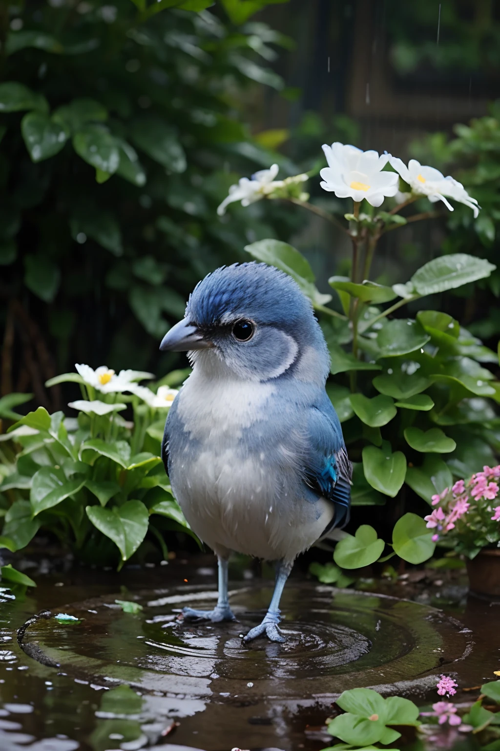Cute tiny blue and white bird standing in flower garden in the rain