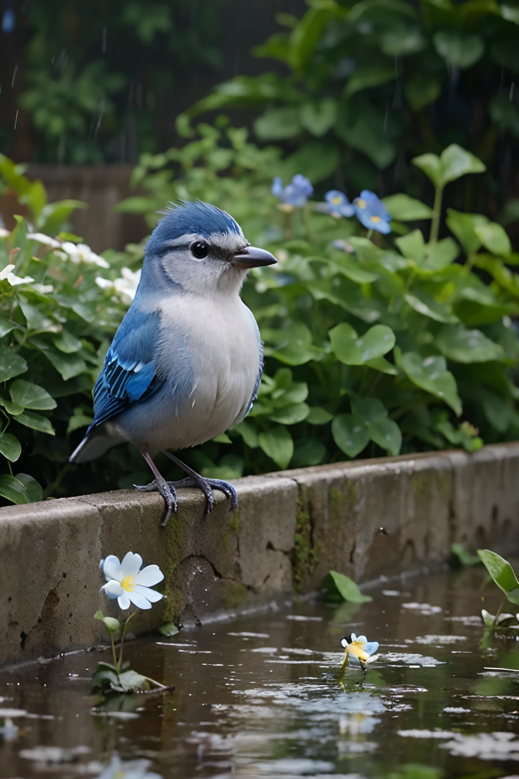 Cute tiny blue and white bird standing in flower garden in the rain