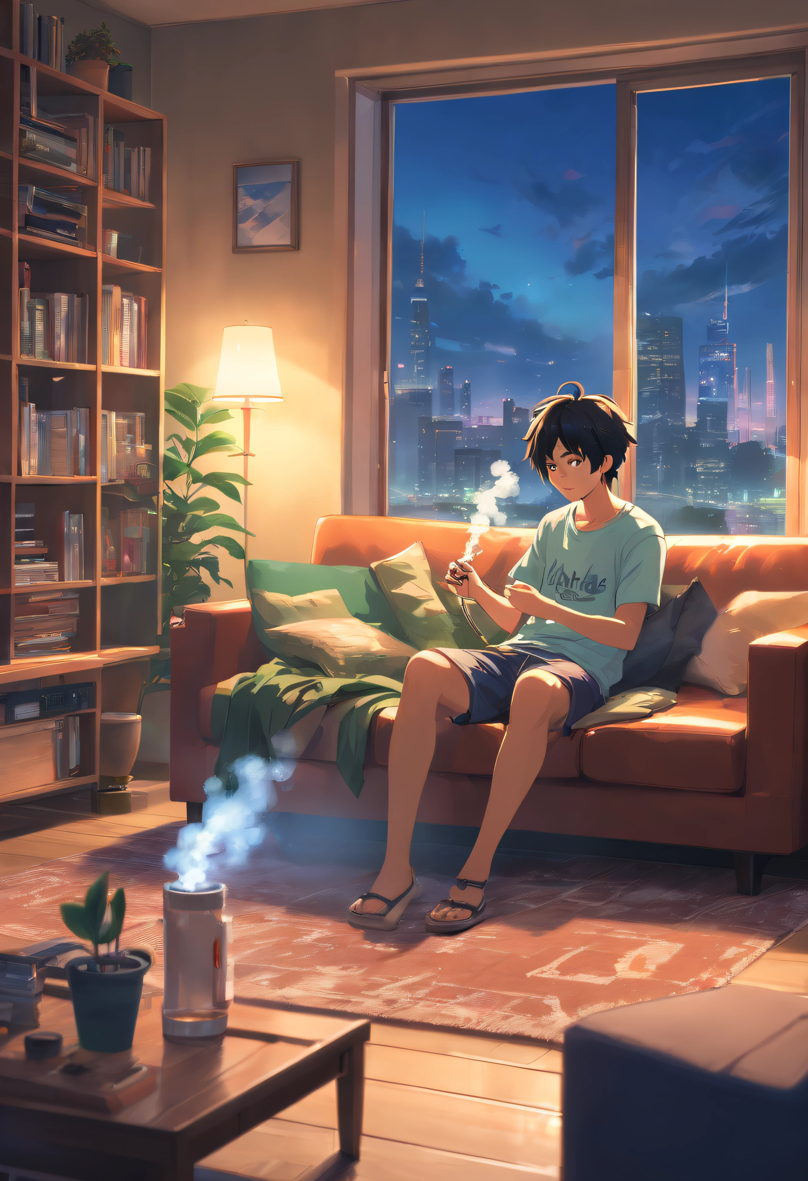 (Best quality,4K,8K,A high resolution,Masterpiece:1.2),Ultra-detailed,(Realistic,Photorealistic,photo-realistic:1.37), guy setting on couch smoking a bong in a small dirty apartment
