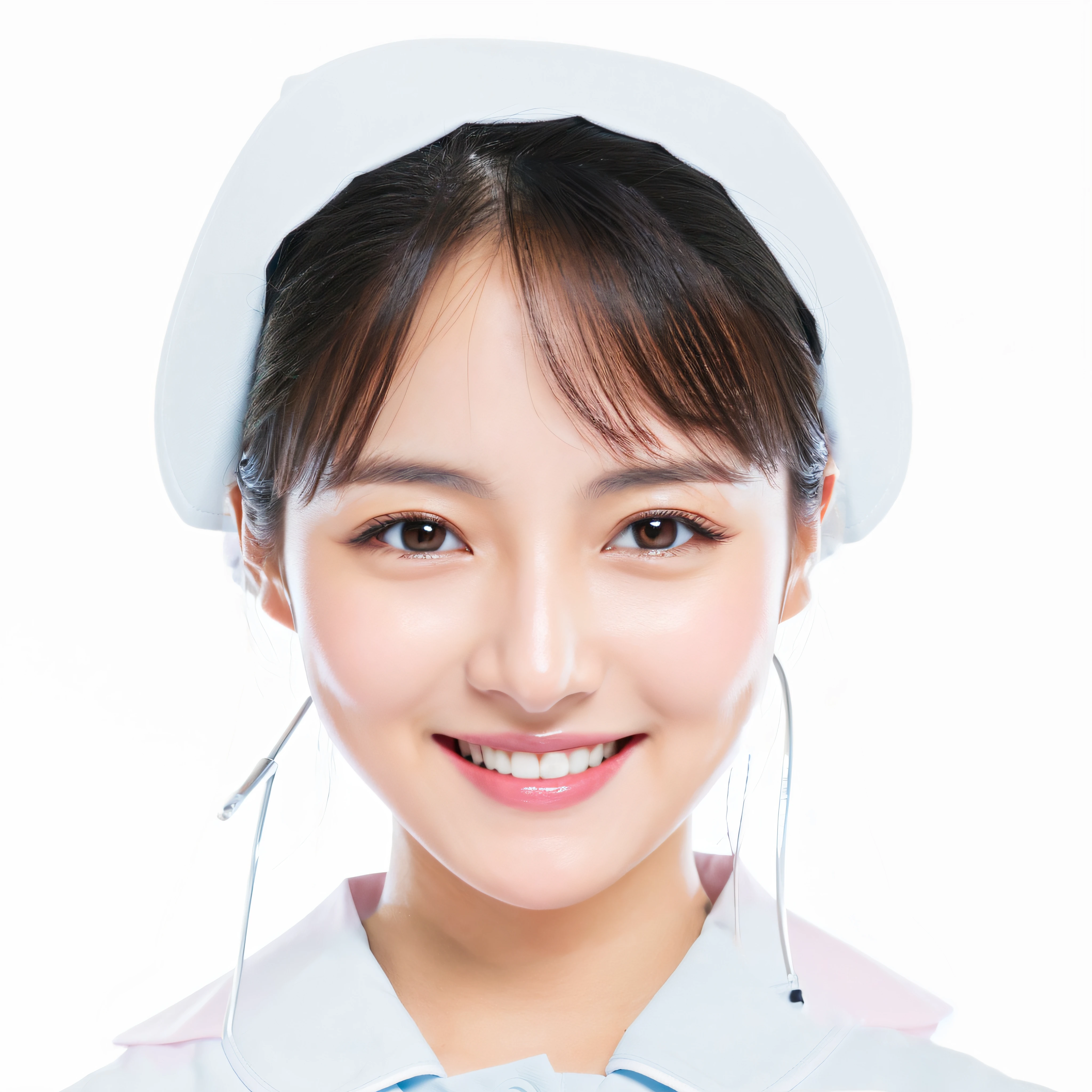 Wearing a nurse hat、Long、Hair should flow back、best quality, masterpiece, realistic, RAW photo, lighting, beautiful (small face:1.2) focus, dynamic angle, pink (nurse uniform:1.3), japanse cute woman, chair, infirmary, (holding tablet pc:1.2), pumps, large breasts, (smile eyes:1.2)