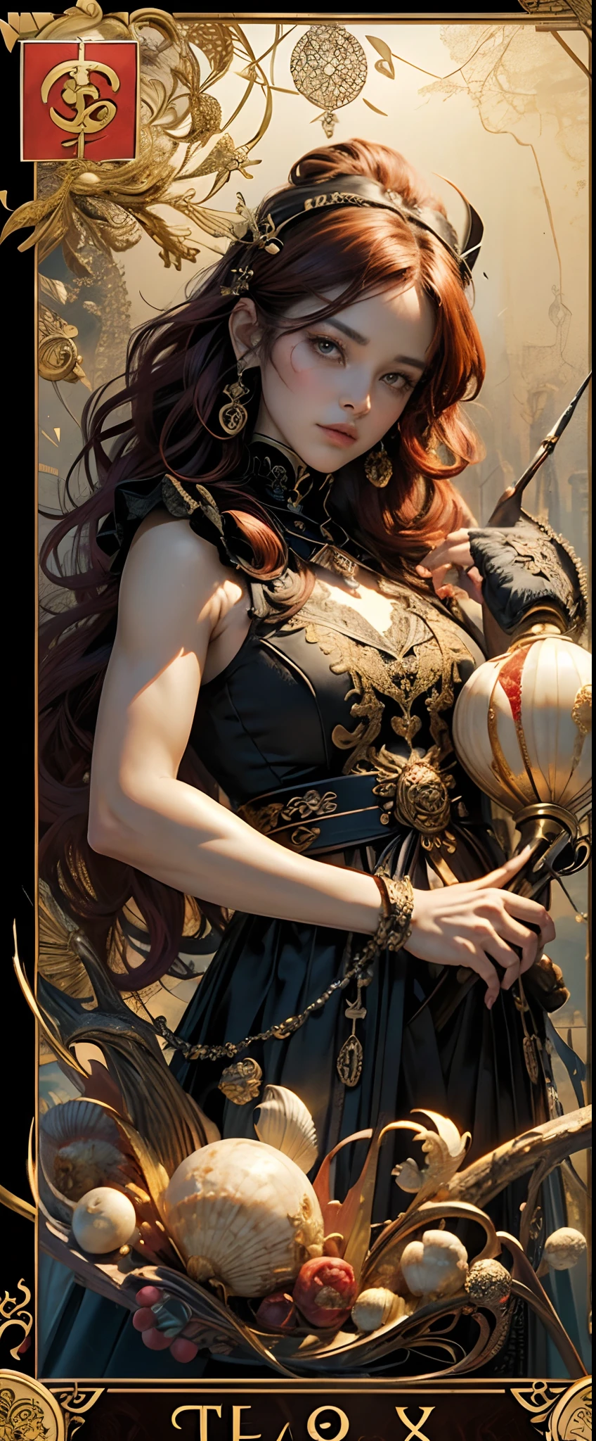 tarot cards,Full tarot border,(The image is surrounded by a tarot card-style border:1.8), (1 Men 1.5),Hades,The Grim Reaper armed with a giant scythe,(Wearing:black toga,),Fire-breathing eyes,angry look,(Hairstyles: Red curls,),Beard, Roman mythology,8k wallpaper,finely quality eyes,Right eyes,correct hand, Ultra-detailed, Beautiful and aesthetically pleasing, tmasterpiece, best qualityer, (s fractal art: 1.3), mountain ranges, Machine detailed, dynamic angle, Cowboy shot, The most beautiful forms of chaos, elegant, Fauvistdesign, vivd colour, romanticism lain, volcanoes,hell, Buble, shells, Blood, pearls,magma,火焰, Libra, shells, skulls, seele,Hold the giant scythe,Vintage style,Well-developed muscles,(zentangle,datura,Tangles,entangled), (s fractal art: 1.3),holy rays,gold foil,Gold leaf art,glitter drawing,Full tarot border,(Full border 1.5),Fang Yi,(The border is centered 1.8),delicated face
