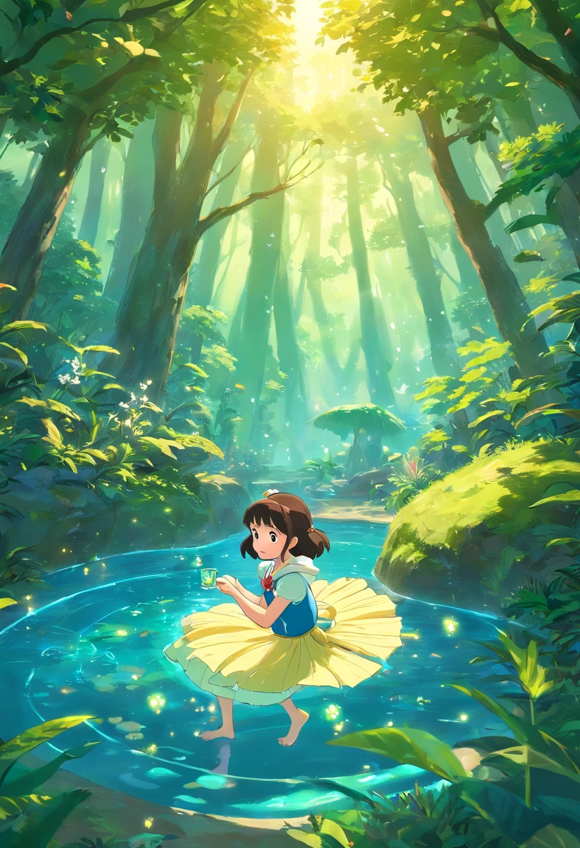 tmasterpiece,Ten centimeters+Cute little fairy,Snow White anime fairy,best qualtiy,(Very detailed CG unity 8K wallpaper),(best qualtiy),(Most Best Illustration),(Best shadow),glowing sprites,Drinking water in the pool,Natural elements in the forest theme。Mysterious Forest,Beautiful forest,great outdoors,surrounded by flower,Delicate leaves and branches are covered with fireflies(nature elements),(Jungle theme),(Foliage),(tree branch),(glowworm),(Particle effect)and so on。。.。.。.3D,rendering by octane,Ray traching,super detailing