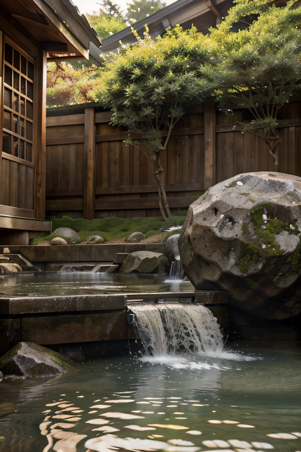hot onsen Free flow from the source Japan Winters Yuki outdoor bath cypress steam boulders Background with Dim Fantastical 8K photorealistic photos with no people Deleting a user