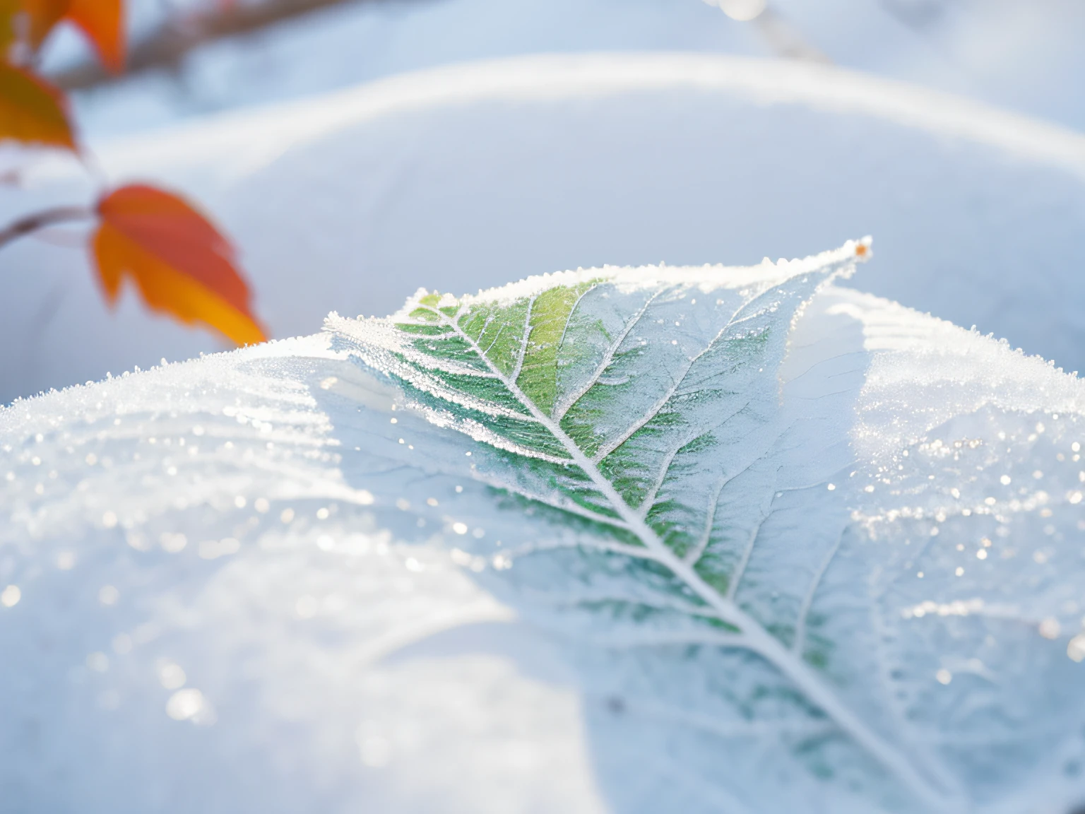 China has 24 solar terms,Frost, autumn
There is white frost on the leaves， Frost clings to autumn
leaf,Temperature drop,Snow,cool colours,
Warm light, 8k —aspect 8:16 —v5.2