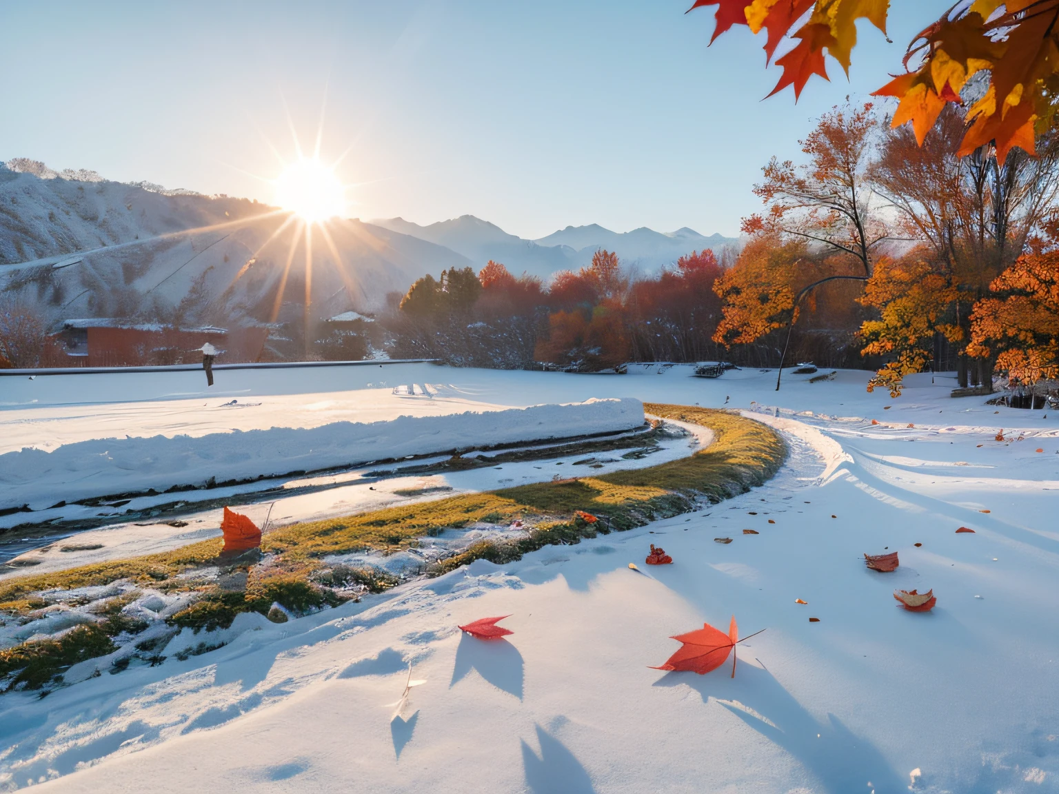 China has 24 solar terms,Frost, autumn
There is white frost on the leaves, Frost clings to autumn
leaf,Temperature drop,Snow,cool colours,
Warm light, 8k —aspect 8:16 —v5.2