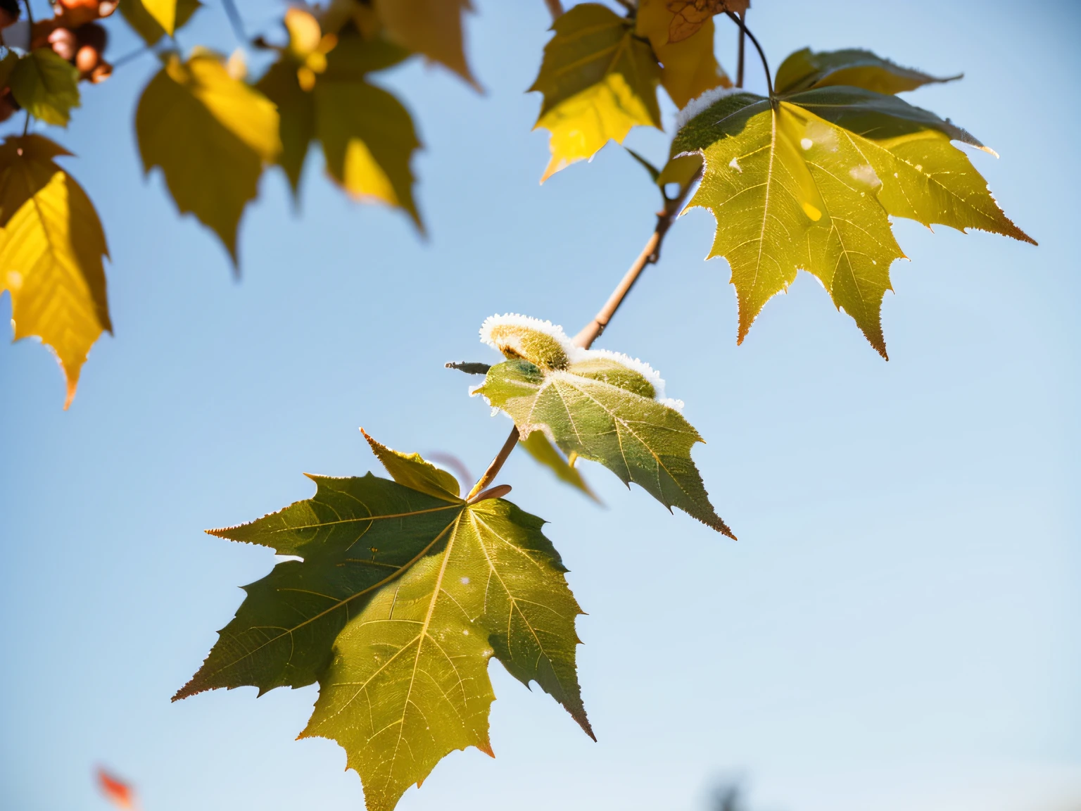 China has 24 solar terms,Frost, autumn
There is white frost on the leaves, Frost clings to autumn
leaf,Temperature drop,Snow,cool colours,
Warm light, 8k —aspect 8:16 —v5.2