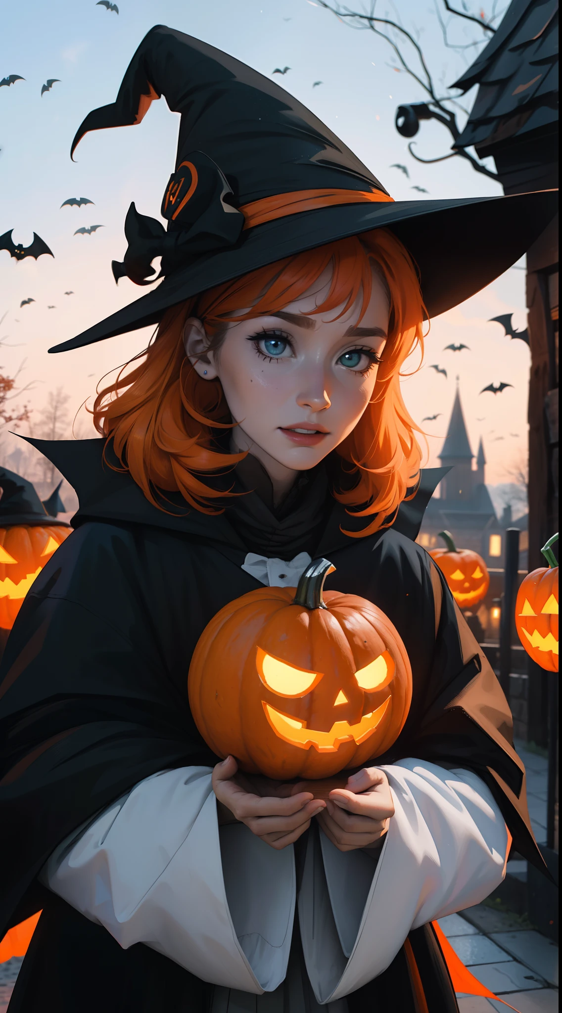 Halloween Teme Death, Citrouilles, witch hat (Harry Potter) orange et noir et 🍬 Paysage de nuit qui passe, Une belle fille avec, UHD Portrait, (High quality) (ultra details) Regarder le spectateur en tenue de ville de style hip-hop; different, colourfull, cheveux blanc longs 🌈