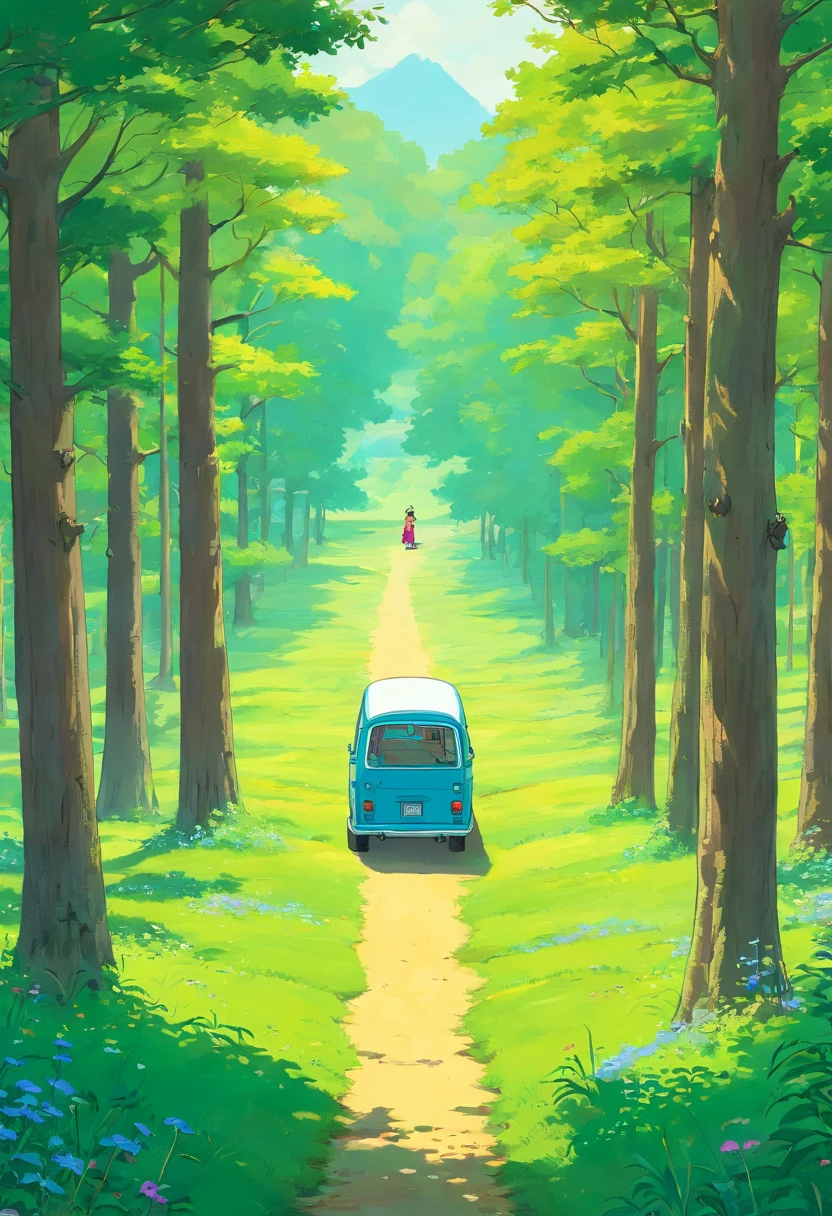 Draw a van parked in a field，There is a tree and a person, angus mckie, rob mcnaughton, angus mcbride, Michelle Whelan, landscape artwork, ghibli studio art, Laurent Durieux, peaceful scene, rhads and lois van baarle, michael whelan art, beautiful retro art, Ralph Horsley's bright colors, sunny landscape, ghibli moebius