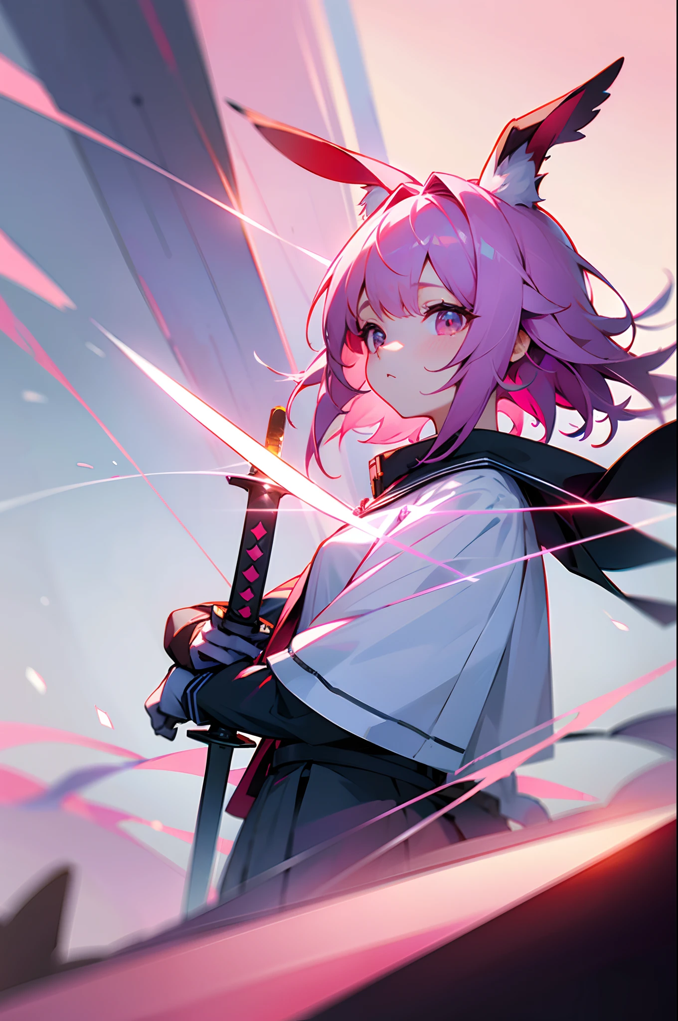 top-quality、​masterpiece、8K、hi-school girl、（Sword bigger than body、Rabbit ears）、pink there、reddish、Colorful light reflection、cute little、arknights