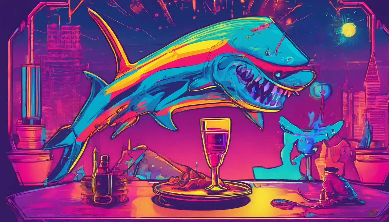 The shark is drinking with a wine glass in his hand，Drunk