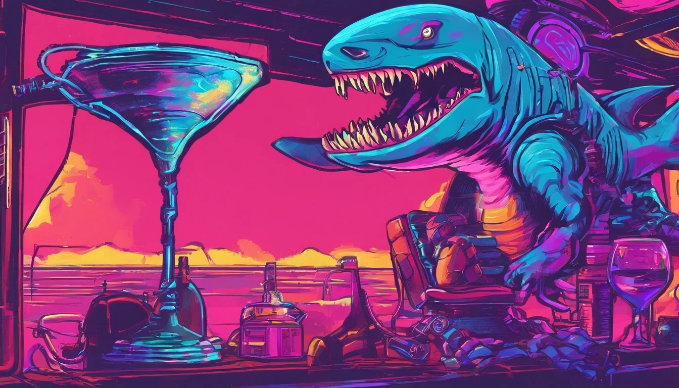 The shark is drinking with a wine glass in his hand,Drunk