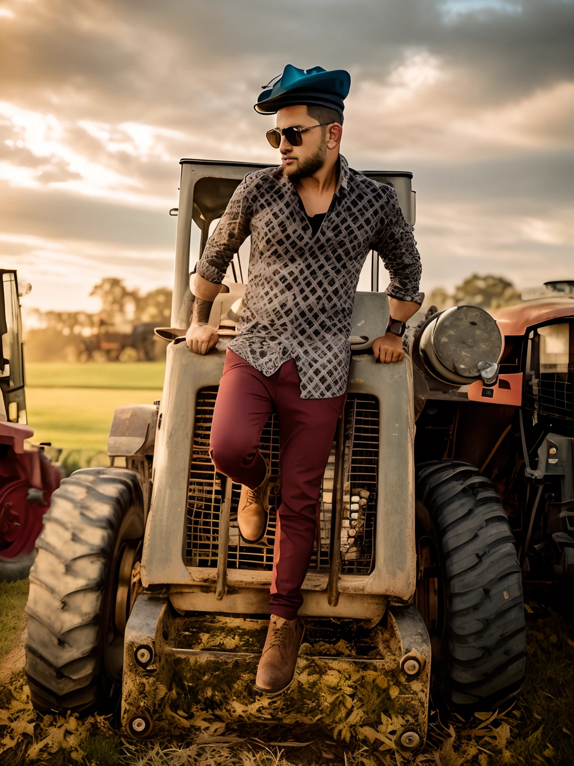 there is a man sitting on a tractor with a hat on, stylish pose, edited in photoshop, cool pose, with a cool pose, casual photography, very artistic pose, taken with sony alpha 9, shot on nikon z9, shot on canon eos r 5, very cool pose, shot on canon eos r5, full body photogenic shot, cinematic outfit photo