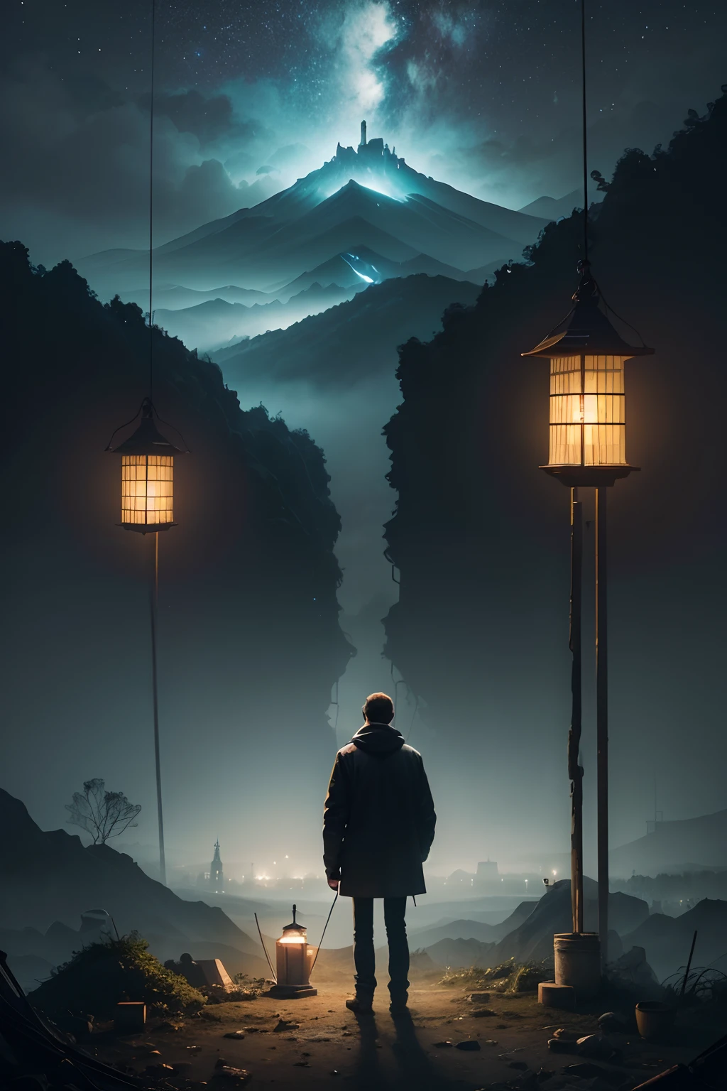 David Planet's style,Painting in the Mist has always been a big dog,Big dog eyes glow,A small man stands in front of a big dog,Take the lantern,The environment is dark and blurry, Dilapidated mountains loom,There is faint starlight,The picture is dark and depressing