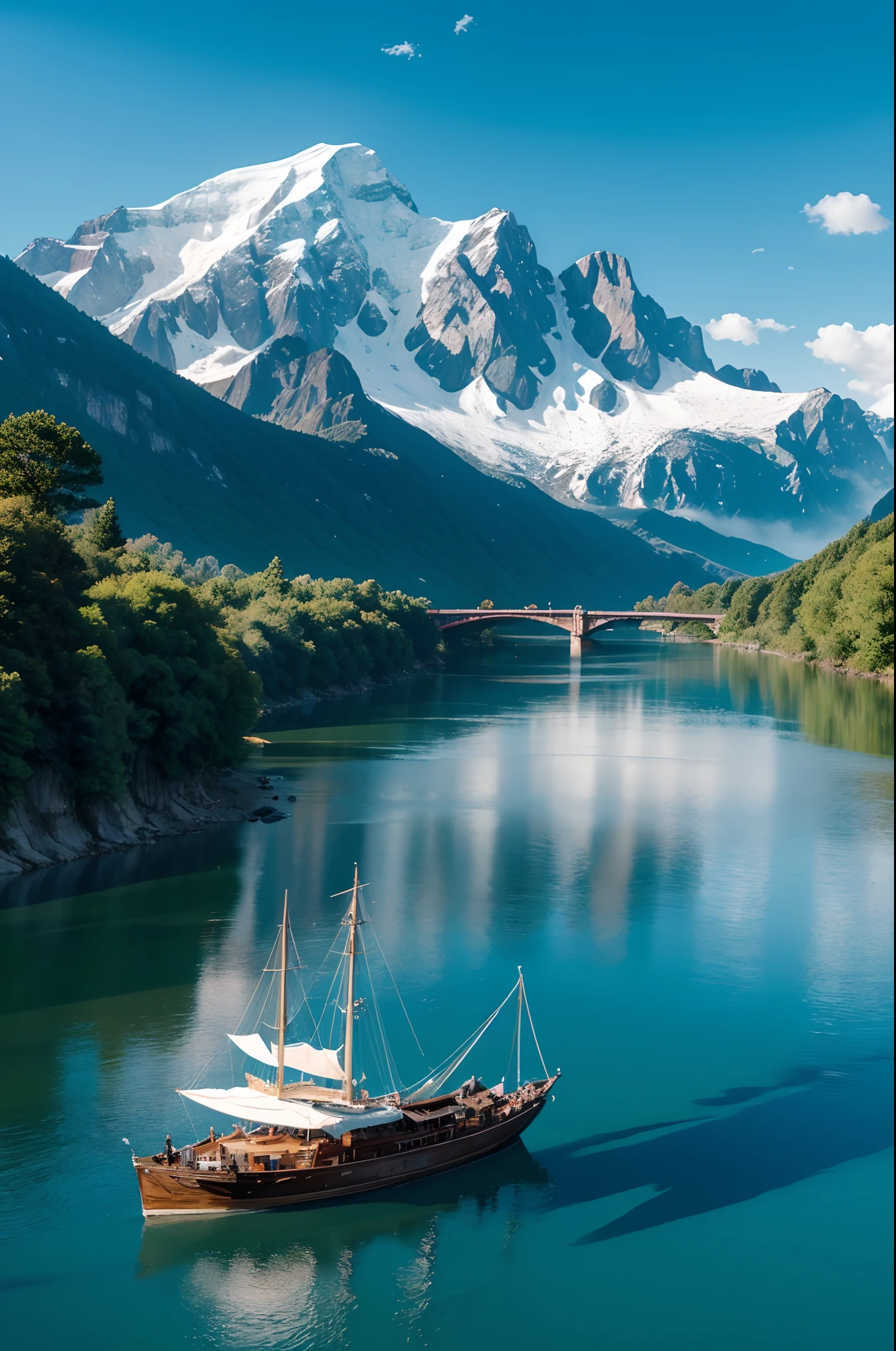 Against the background of blue sky and white clouds,An elegant wooden boat sails slowly down the sparkling river,Surrounded by mountains,Towering over the landscape,Form a magnificent barrier,The ship is like a light leaf,Traverse steep mountains with ease,The curved river channel is accompanied by a gentle breeze,The surface of the water ripples,It seems to be a wonderful interweaving of water and mountains,The people on board enjoy the magnificent natural scenery