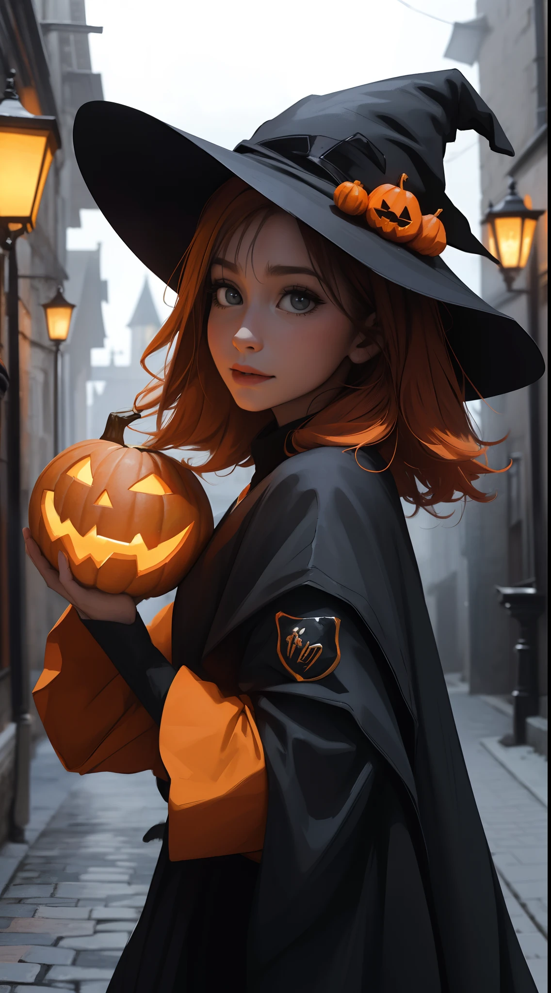 Halloween Teme Death, Citrouilles, witch hat (Harry Potter) orange et noir et 🍬 Paysage de nuit qui passe, Une belle fille avec, UHD Portrait, (High quality) (ultra details) Regarder le spectateur en tenue de ville de style hip-hop; different, colourfull, cheveux blanc longs 🌈