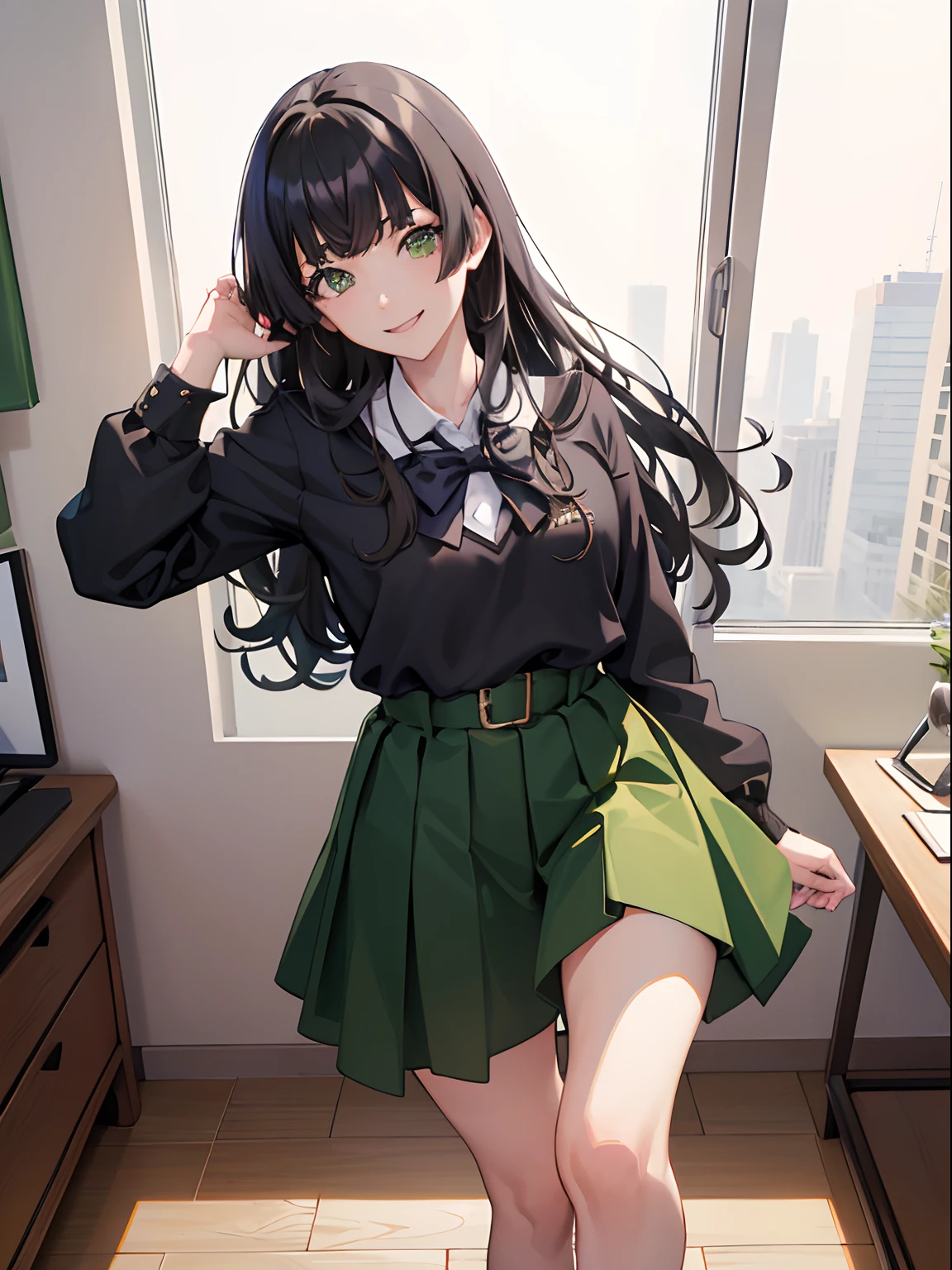 masutepiece, Best Quality, 1girl in, Black hair, ,Green eyes, School uniform, crass room, Smiling, Detailed eyes, detailed facial features, Realistic and high resolution (Best Quality, 4K, 8K, hight resolution, masutepiece:1.2)