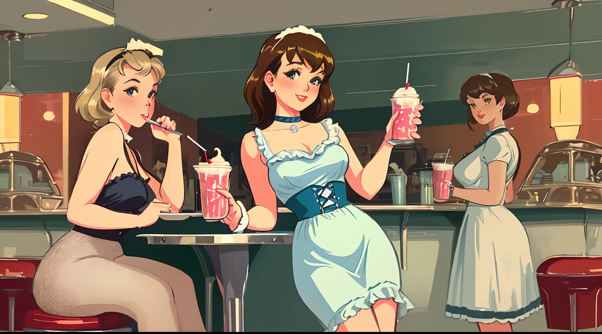 50-v5.2
prompt 26:
Using the Grisaille technique, create a vintage Pin-up Girl in a classic 1950's diner setting. elegantly sipping a milkshake with an iconic jukebox in the background. -ar 16:9 -s 50. -v