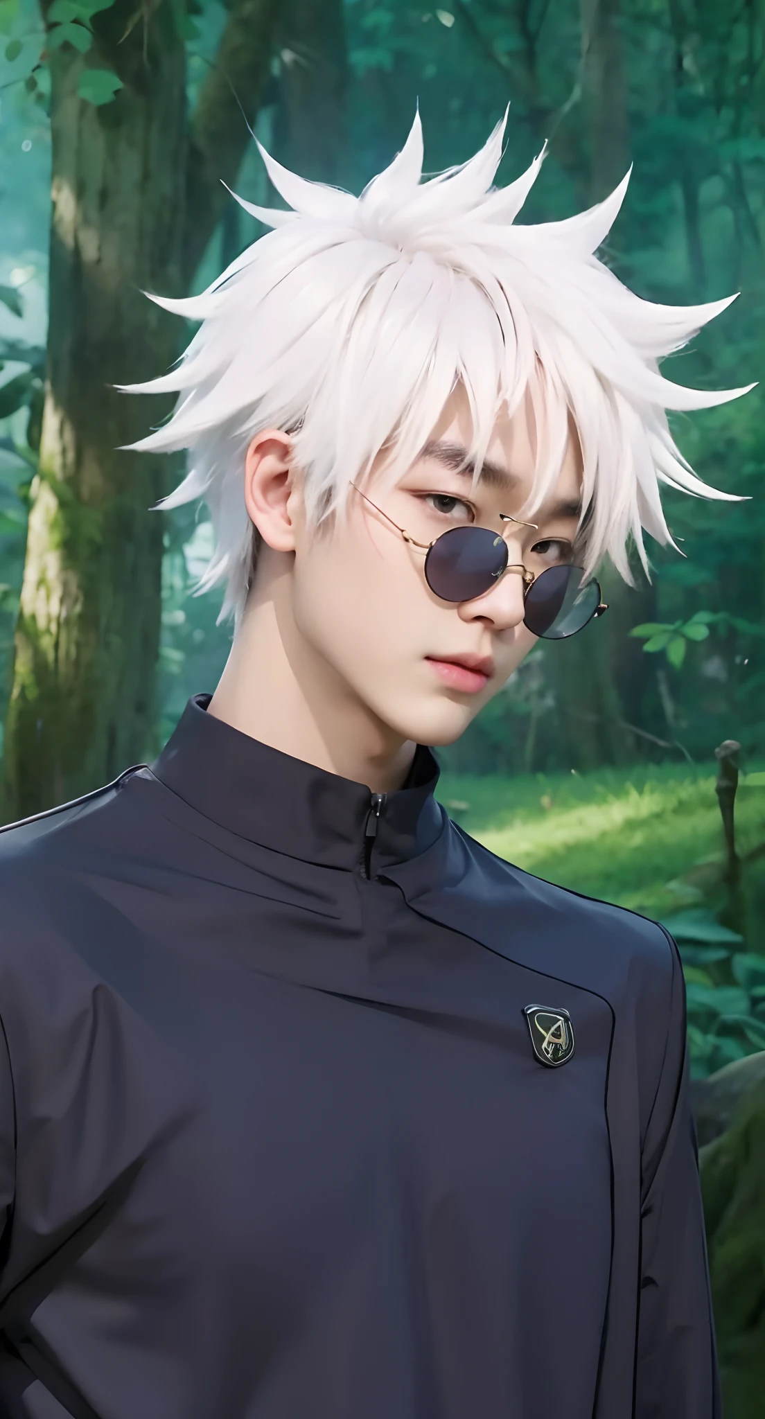 Real life adaption of this character, Korean  handsome face,looking to viewer,realistic same hair ,realistic jungle with many grass background, hyper realistic, realistic light, realistic shadow, realism,(photorealistic:1.2), (realistic same outfit),wear realistic round glasses