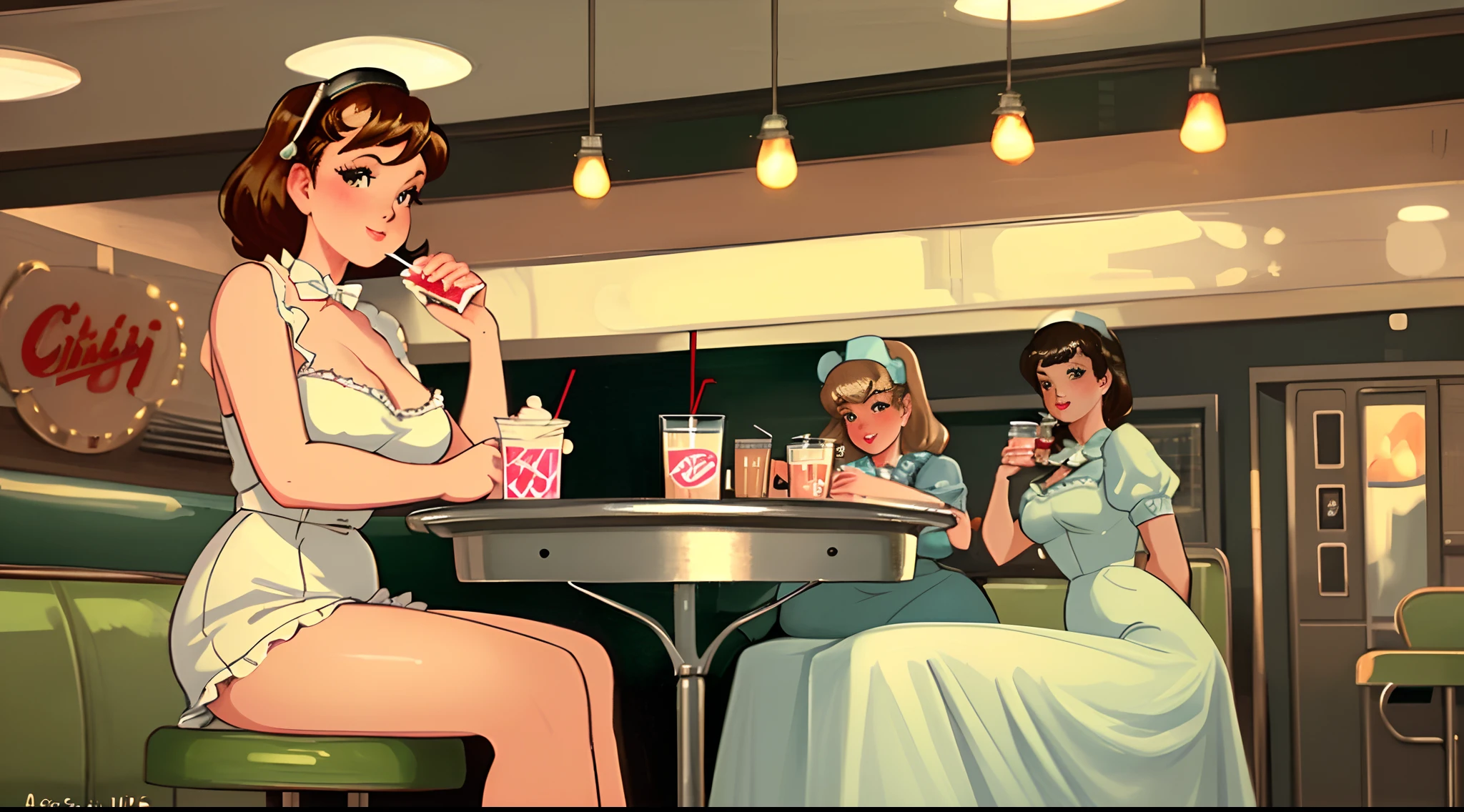 50-v5.2
prompt 26:
Using the Grisaille technique, create a vintage Pin-up Girl in a classic 1950's diner setting. elegantly sipping a milkshake with an iconic jukebox in the background. -ar 16:9 -s 50. -v