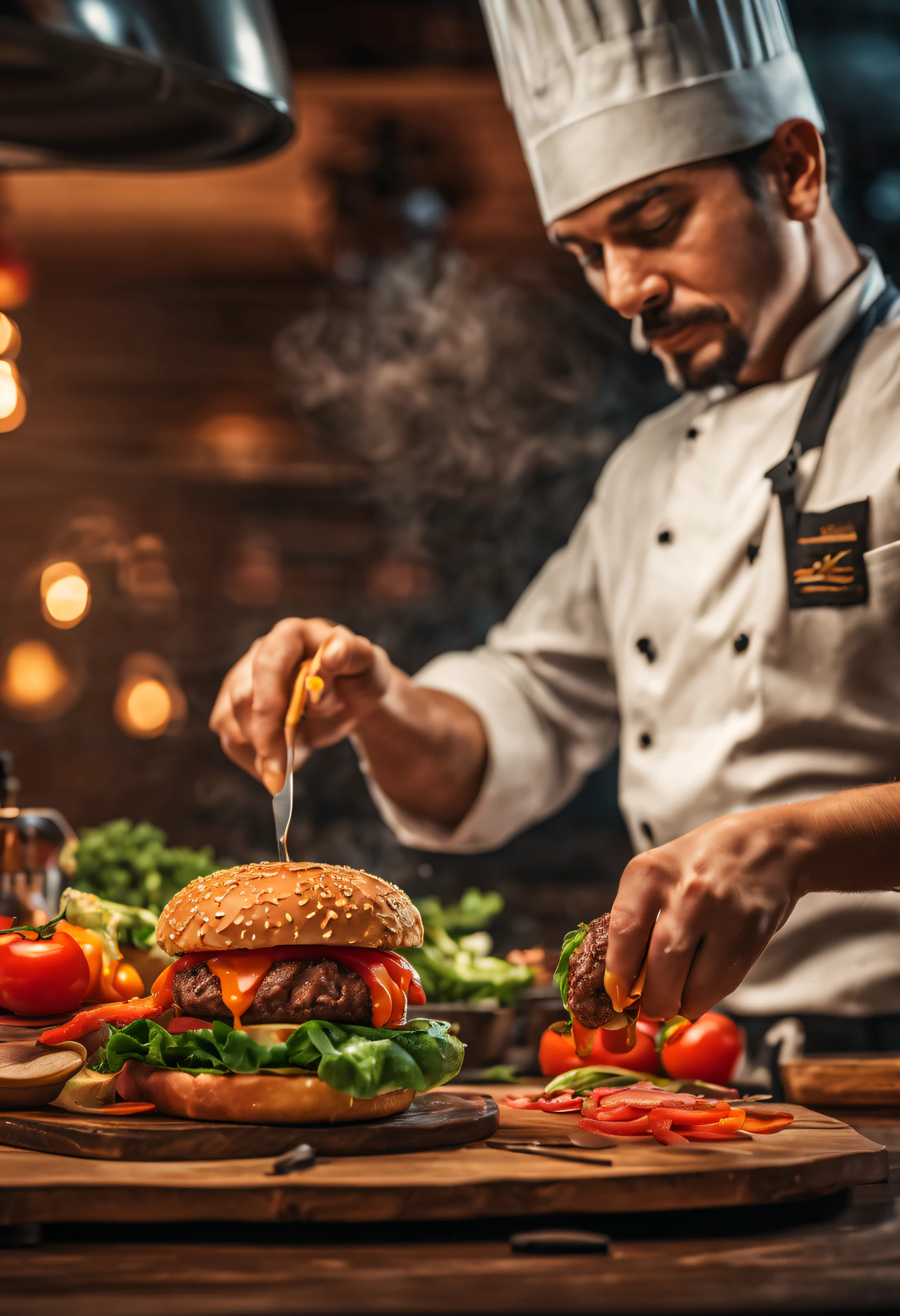 In a hot summer afternoon, a chef is cooking a delicious burger in a modern-style restaurant kitchen. Holding sharp knives, he skillfully stacks fresh vegetables and juicy beef in soft and fluffy buns. The meticulous detailing captures the texture of each ingredient, and the realistic lighting and shadows bring the entire scene to life. The bright lights in the restaurant illuminate the vibrant colors of the burger and side dishes, emitting an enticing aroma. The creative composition highlights the allure of the food, while the artistic atmosphere arouses irresistible appetite. (best quality,4k,8k,highres,masterpiece:1.2),ultra-detailed,(realistic,photorealistic,photo-realistic:1.37),oil painting,delicious-looking burger,creative chef,modern-style restaurant,meticulous food preparation,sharp knives,fresh vegetables and juicy beef,soft and fluffy buns,vivid colors,bright lights,enticing aroma.