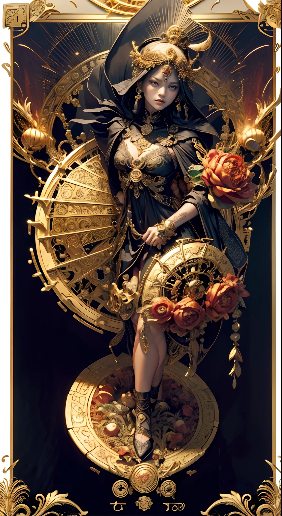 tarot cards,Full tarot border,(The image is surrounded by a tarot card-style border:1.8), (1 Men 1.5),Hades,The Grim Reaper armed with a giant scythe,(Wearing:black toga,),Fire-breathing eyes,angry look,(Hairstyles: Red curls,),Beard, Roman mythology,8k wallpaper,finely quality eyes,Right eyes,correct hand, Ultra-detailed, Beautiful and aesthetically pleasing, tmasterpiece, best qualityer, (s fractal art: 1.3), mountain ranges, Machine detailed, dynamic angle, Cowboy shot, The most beautiful forms of chaos, elegant, Fauvistdesign, vivd colour, romanticism lain, volcanoes,hell, Buble, shells, Blood, pearls,magma,火焰, Libra, shells, skulls, seele,Hold the giant scythe,Vintage style,Well-developed muscles,(zentangle,datura,Tangles,entangled), (s fractal art: 1.3),holy rays,gold foil,Gold leaf art,glitter drawing,Full tarot border,(Full border 1.5),(The border is centered at 1.8),Fang Yi