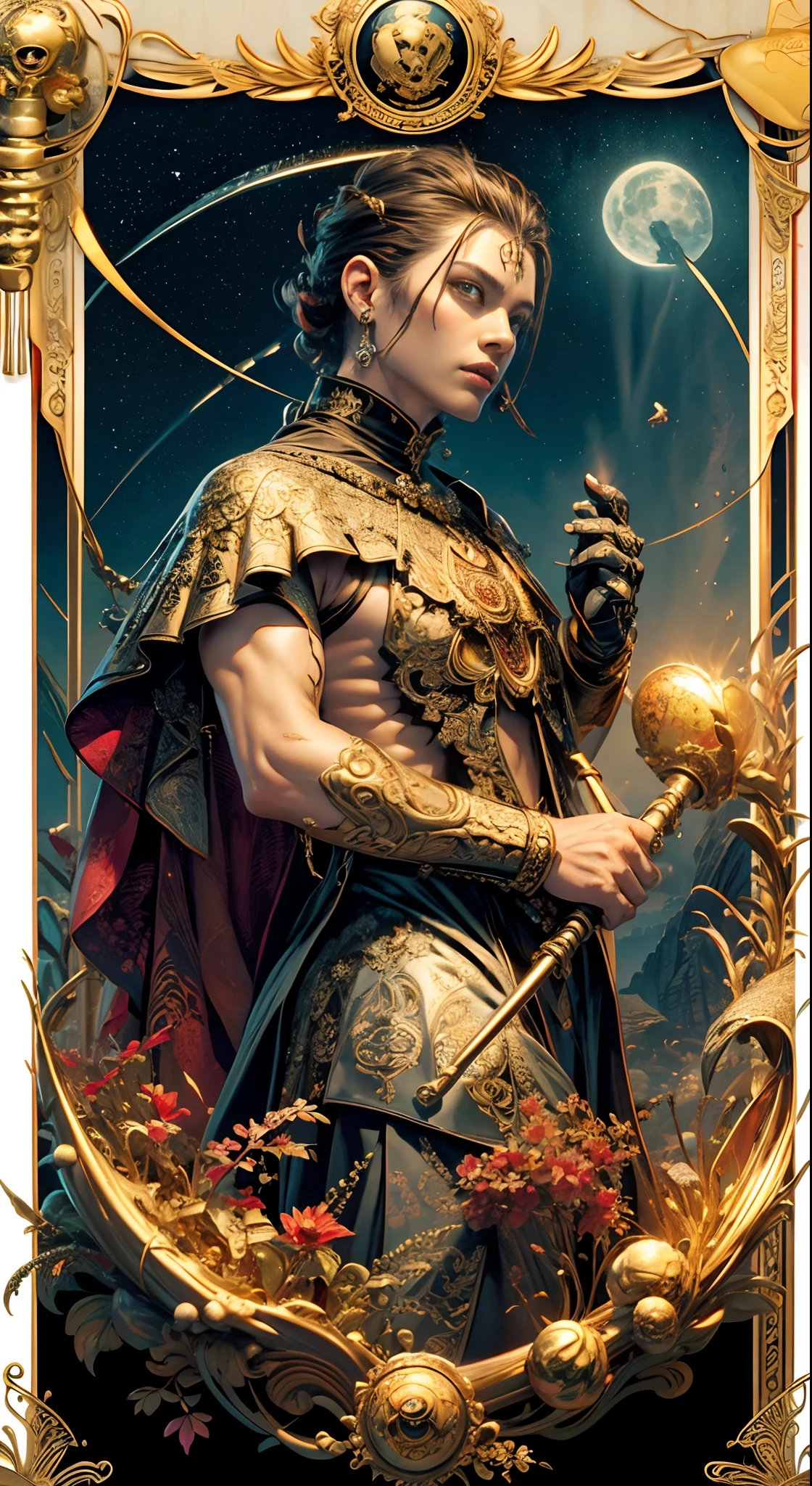 tarot cards,Full tarot border,(The image is surrounded by a tarot card-style border:1.8), (1 Men 1.5),Hades,The Grim Reaper armed with a giant scythe,(Wearing:black toga,),Fire-breathing eyes,angry look,(Hairstyles: Red curls,),Beard, Roman mythology,8k wallpaper,finely quality eyes,Right eyes,correct hand, Ultra-detailed, Beautiful and aesthetically pleasing, tmasterpiece, best qualityer, (s fractal art: 1.3), mountain ranges, Machine detailed, dynamic angle, Cowboy shot, The most beautiful forms of chaos, elegant, Fauvistdesign, vivd colour, romanticism lain, volcanoes,hell, Buble, shells, Blood, pearls,magma,火焰, Libra, shells, skulls, seele,Hold the giant scythe,Vintage style,Well-developed muscles,(zentangle,datura,Tangles,entangled), (s fractal art: 1.3),holy rays,gold foil,Gold leaf art,glitter drawing,Full tarot border,(Full border 1.5),(The border is centered at 1.8),Fang Yi