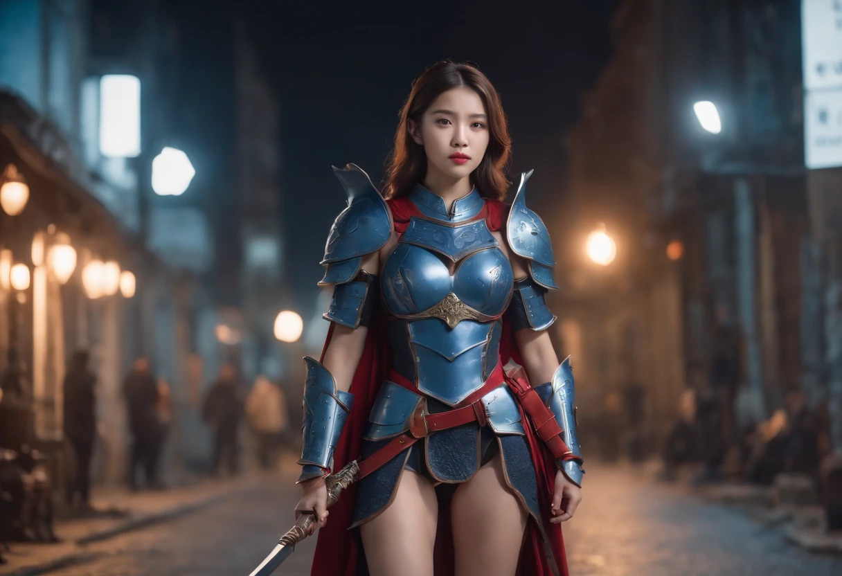 midnight,street, Full-fledged Girl Warrior ,Full body photo,Stand on the right side of the street, Pose in blue armor, Sophisticated scene style, glitters, Red, Realistic style, 8K,exposure blend, Medium shot, Bokeh, (hdr:1.4), High contrast, (Cinematic, Dark red and white film), (pastel colour, dim colors, soothing tones:1.3), Low saturation, (ultra - detailed:1.2), (Nero:0.4) , Cute face , Asian girl,Demon Tech,Van Terchall