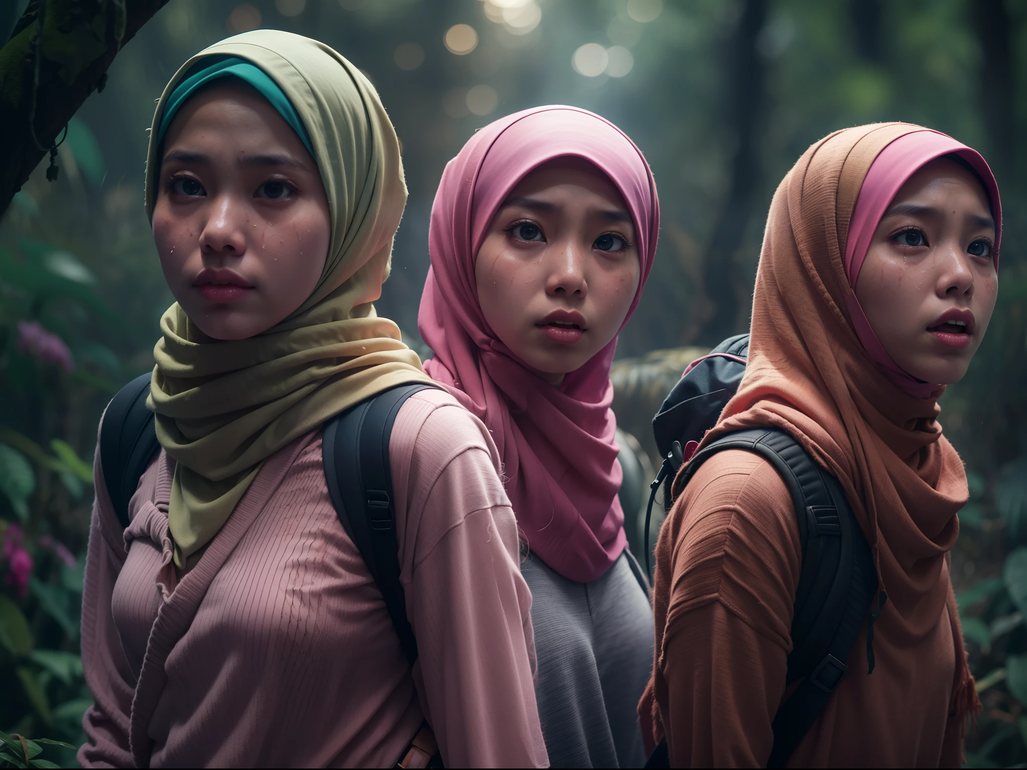 Two malay girl in hijab lost in fantasy jungle, beautiful face, petite body, carry backpack, hiking, torn outfit, ripped outfit, wear sweater and tight pink leggings, scared face, scared expression and body language, sweating, cinematic lighting, professional photography, ultra realistic face, bright cinematic lighting,