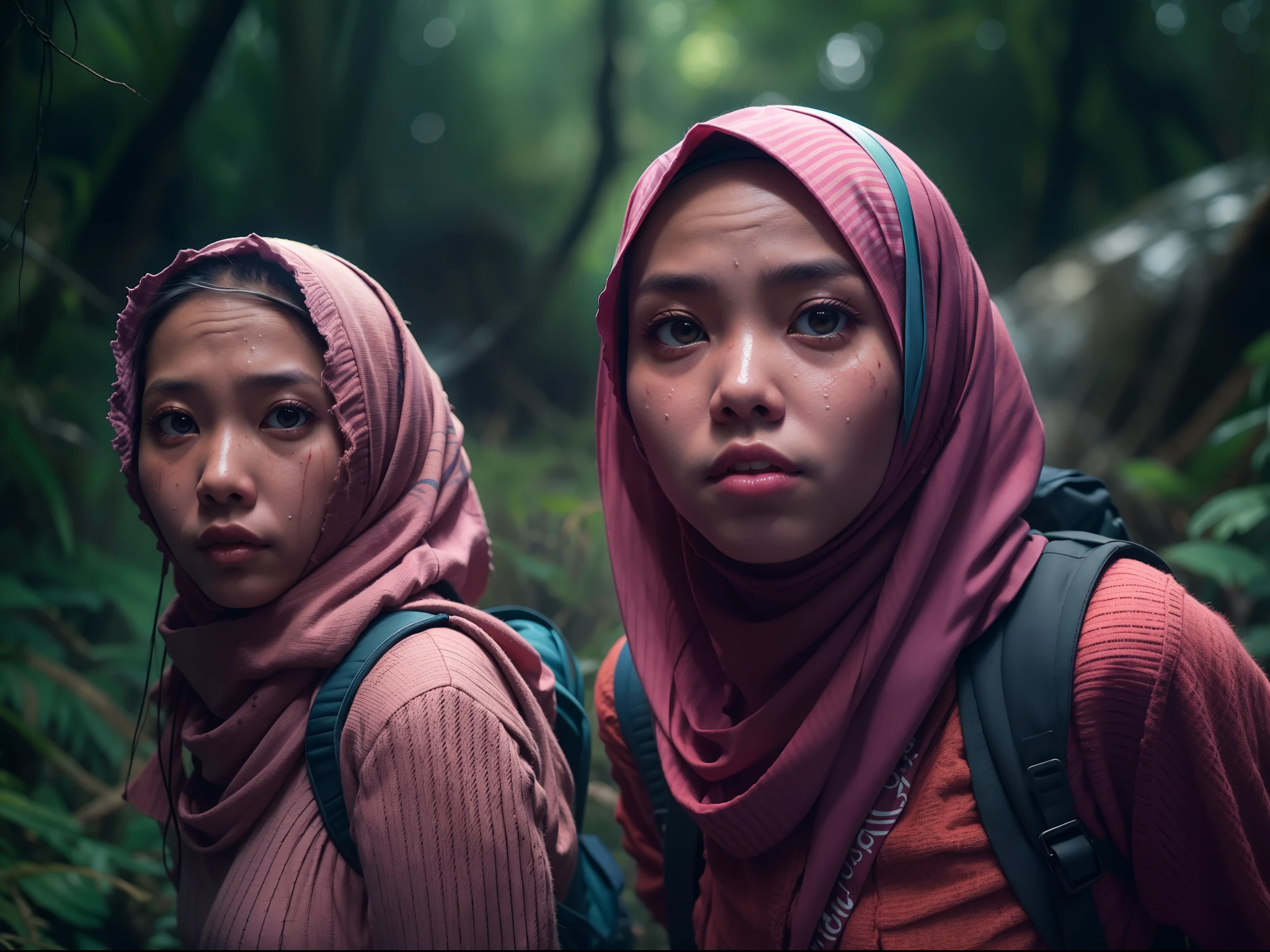 Two malay girl in hijab lost in fantasy jungle, beautiful face, petite body, carry backpack, hiking, torn outfit, ripped outfit, wear sweater and tight pink leggings, scared face, scared expression and body language, sweating, cinematic lighting, professional photography, ultra realistic face, bright cinematic lighting,