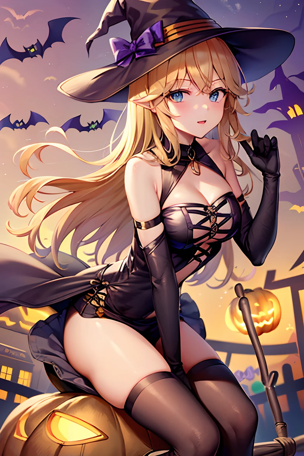 (masutepiece.Top image quality).1 girl in.Golden hair.long.Blue eyes.Horse-eared girl.Golden horsetail.(Halloween Costumes:1.4).(Ride the witch's broom:1.2).(mid night:0.8).((Air flight:))