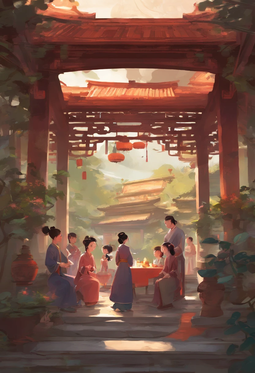 Family gathering under the patio,China-style
