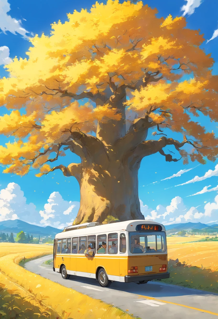 golden fields,Vast sky,with blue sky and white clouds,A big yellow tree,A bus,ultra-wide-angle,beautiful weather,balmy autumn day