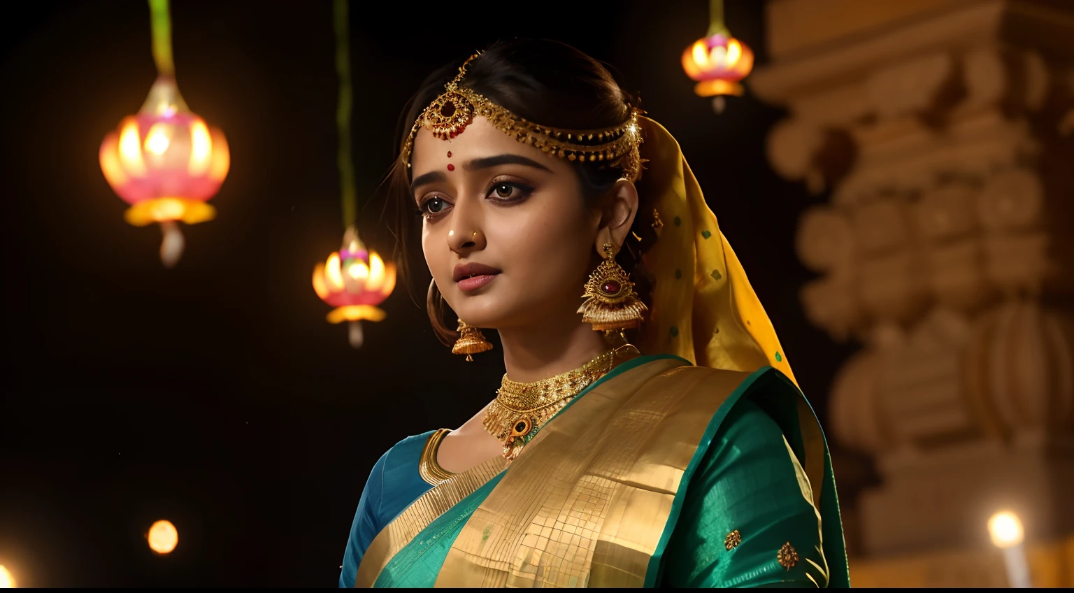 (8k quality), Looks like Anushka Shetty, traditional beauty in blue and golden sari dress, (highlight Diwali lights), peacock earring, ultra-detailed, traditional, peacock in background, fireworks