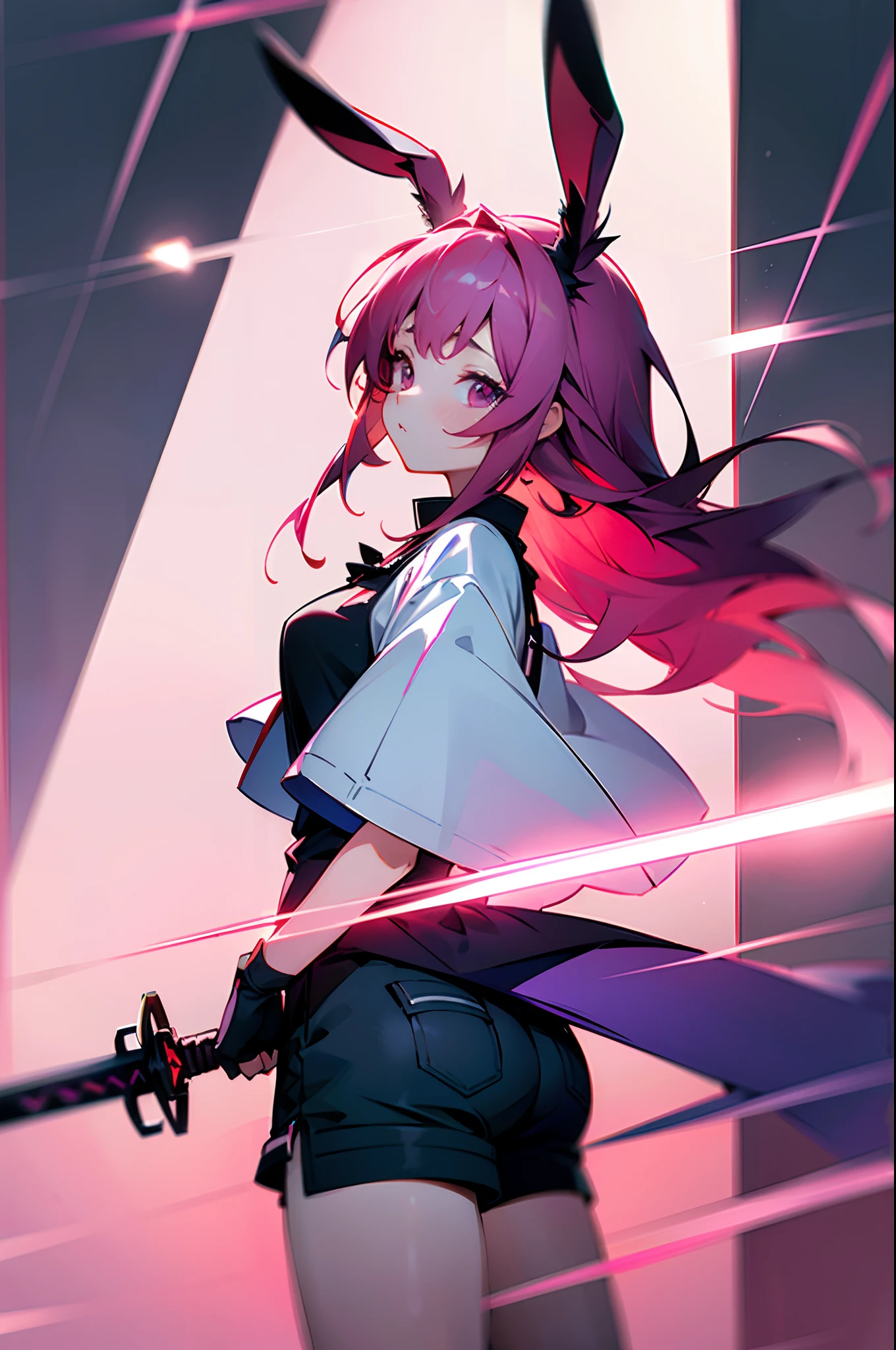 top-quality、masterpiece、8K、female pervert、shortpants、(Big sword、Rabbit ears)、pink there、reddish、Colorful light reflection、cute little、arknights