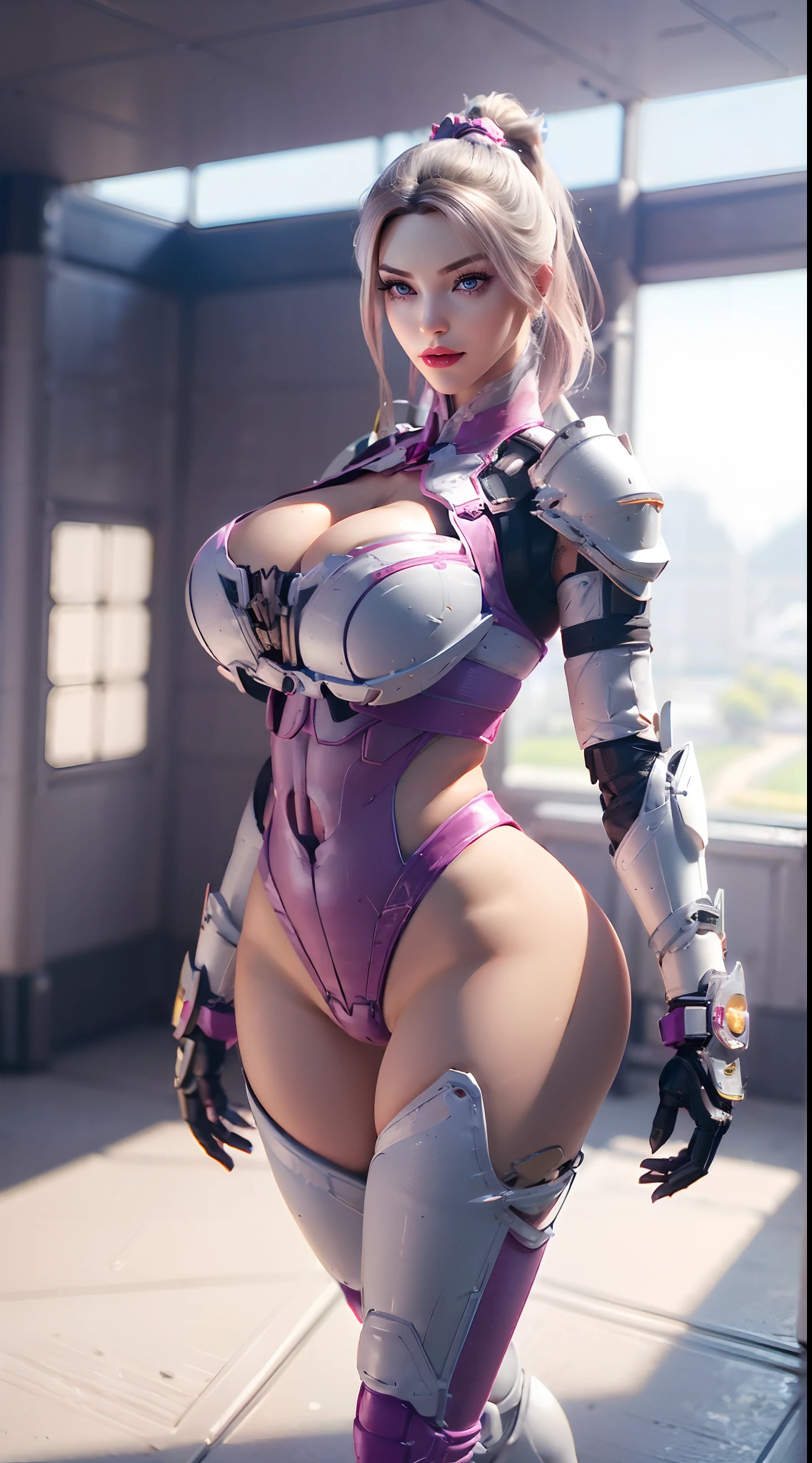 (NSWF:1.5), (1GIRL,SOLO:2), ((Blonde ponytail hair)), (super detailed face), ((BIG BUTTOCKS, HUGE FAKE BREASTS:1.5)), (CLEAVAGE TOP:1.5), (MUSCLE ABS FEMALE:1.4), (MECHA GUARD ARM:1.4), ((WEAR MAGENTA WHITE OVERWATCH MECHANICAL ARMOR CROP TOP, BLACK MECHANICAL SKINTIGHT SUIT PANTS, MECHA GUARD ARMOR LEGS, HIGH HEELS:1.5)), (MUSCULAR BODY:1.3), (GLOSSY SKIN:0.8), (SEXY LONG LEGS, FULL BODY:1.1), (LOOKING AT VIEWER:1.3), (female focus:0.886), (WALKING DOWN HALLWAY OF FUTURISTIC SPACE STATION:1), (BRIGHT LIGHT WHITE_ROOM:1.3), SUPER TEXTURE, UNREAL ENGINE RENDER, PHYSICALLY-BASED RENDERING, ULTRA HIGHT DEFINITION, 16K, 1080P.