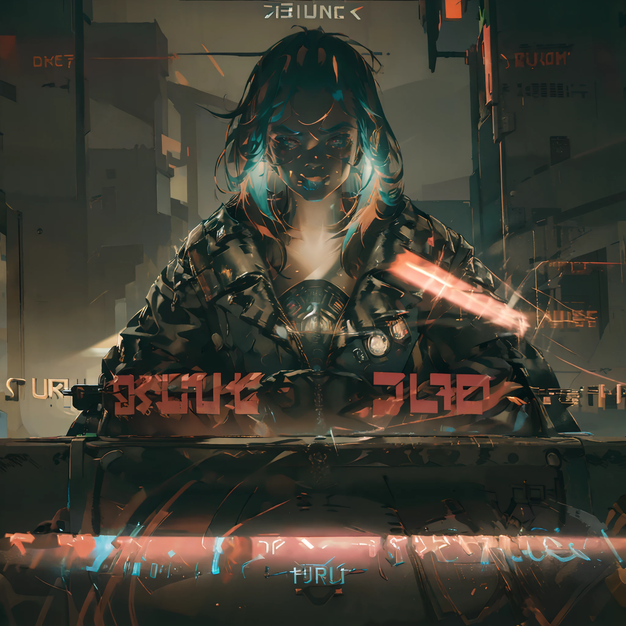 electrifying image, cyberpunk world, an expert hacker girl in action, connected to a futuristic wired holographic interface, in the process of hacking, a dystopian machine structure with wires is connected to her head, connected to the net, netrunner, Neon lights, cascading lines of code, and futuristic technology in the background, gritty high-tech atmosphere, causing chaos within the corporate network, glitches, alarms, and digital distortions emanating from the breached system, police standing around her pointing their guns at her, cyberpunk heist, cyberpunk hackers, digital underworld